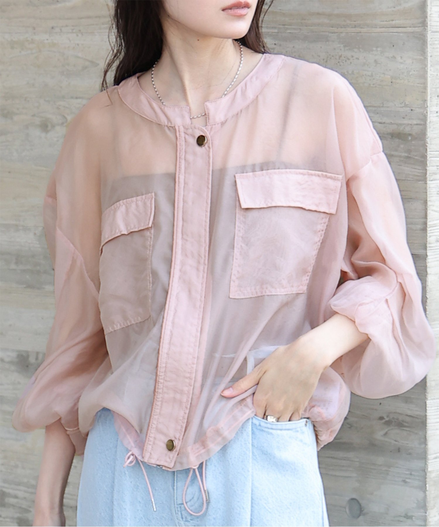 【バブ ブージュルード/Bab Bou Jeloud】のドロストシアーブルゾン インテリア・キッズ・メンズ・レディースファッション・服の通販 founy(ファニー) 　ファッション　Fashion　レディースファッション　WOMEN　アウター　Coat Outerwear　ブルゾン　Blouson/Jackets　エアリー　Airy　シアー　Sheer　ジーンズ　Jeans　スラックス　Slacks　バランス　Balance　パイピング　Piping　ブルゾン　Blouson　夏　Summer　春　Spring　PINK|ID: prp329100004527943 ipo3291000000032018600