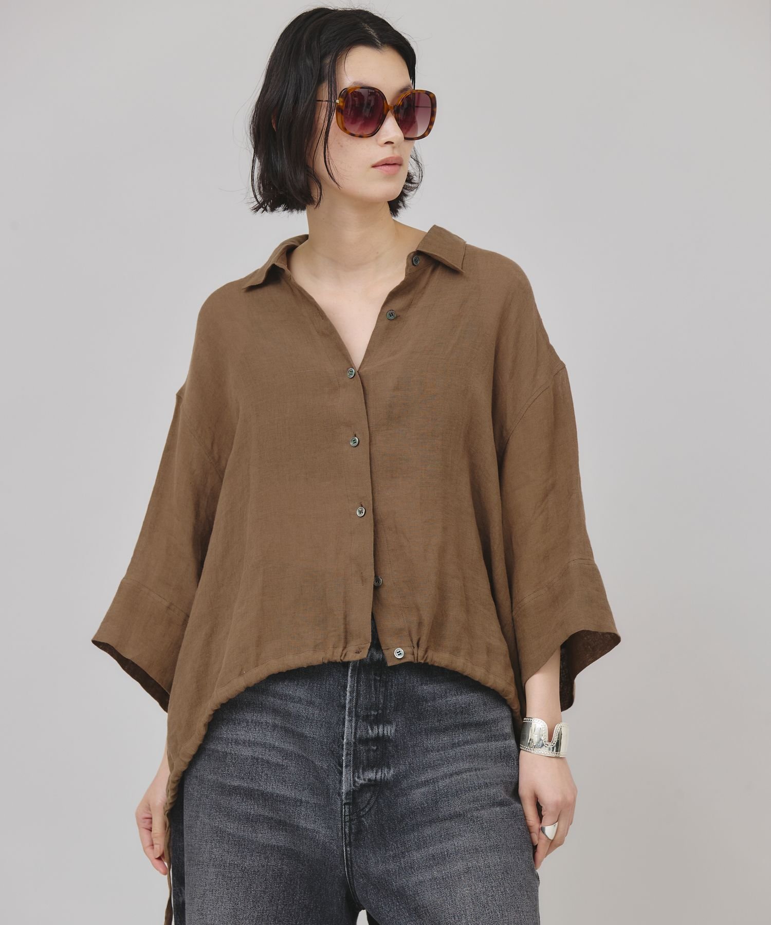 【カレンソロジー/Curensology】のリネンドロストシャツ インテリア・キッズ・メンズ・レディースファッション・服の通販 founy(ファニー) 　ファッション　Fashion　レディースファッション　WOMEN　トップス・カットソー　Tops/Tshirt　シャツ/ブラウス　Shirts/Blouses　エレガント 上品　Elegant　シアー　Sheer　フロント　Front　ブルゾン　Blouson　リネン　Linen　リボン　Ribbon　ワッシャー　Washer　日本製　Made In Japan　夏　Summer　ブラウン57|ID: prp329100004528085 ipo3291000000032019180
