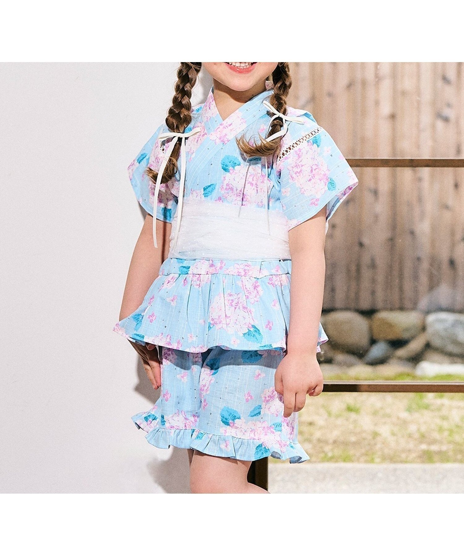 【その他のブランド/Other】の【リンク】アプレのはんなりGIRLS甚平 インテリア・キッズ・メンズ・レディースファッション・服の通販 founy(ファニー) 　ファッション　Fashion　キッズファッション　Fashion for Kids　おすすめ　Recommended / Our Picks　コレクション　Collection, Seasonal Line　フリル　Frill, Ruffle　プリント　Print, Printed Pattern　ペプラム　Peplum, Flared Hem　レース　Lace, Lace Fabric　人気　Popular, Best Seller　サックス|ID: prp329100004528219 ipo3291000000032726672