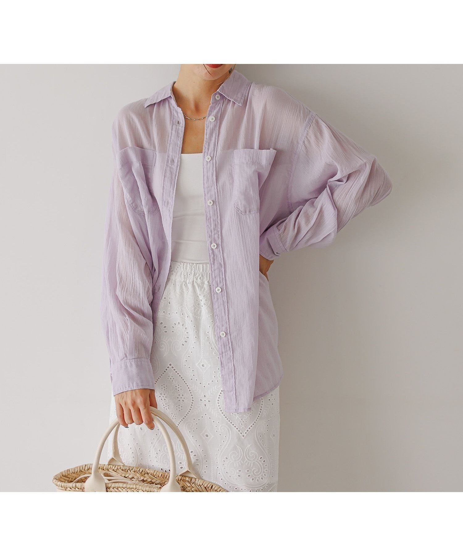 【ベイフロー/BAYFLOW】の程よい透け感 コットンシアーシャツ インテリア・キッズ・メンズ・レディースファッション・服の通販 founy(ファニー) 　ファッション　Fashion　レディースファッション　Ladies' Fashion Online　トップス・カットソー　Tops/Tshirt　シャツ/ブラウス　Shirts/Blouses　おすすめ　Recommend　ストライプ　Stripe　フロント　Front　プリント　Print　ポケット　Pocket　ワッシャー　Washer　夏　Summer　定番　Standard　羽織　Haori　ラベンダー95|ID: prp329100004528231 ipo3291000000032628295