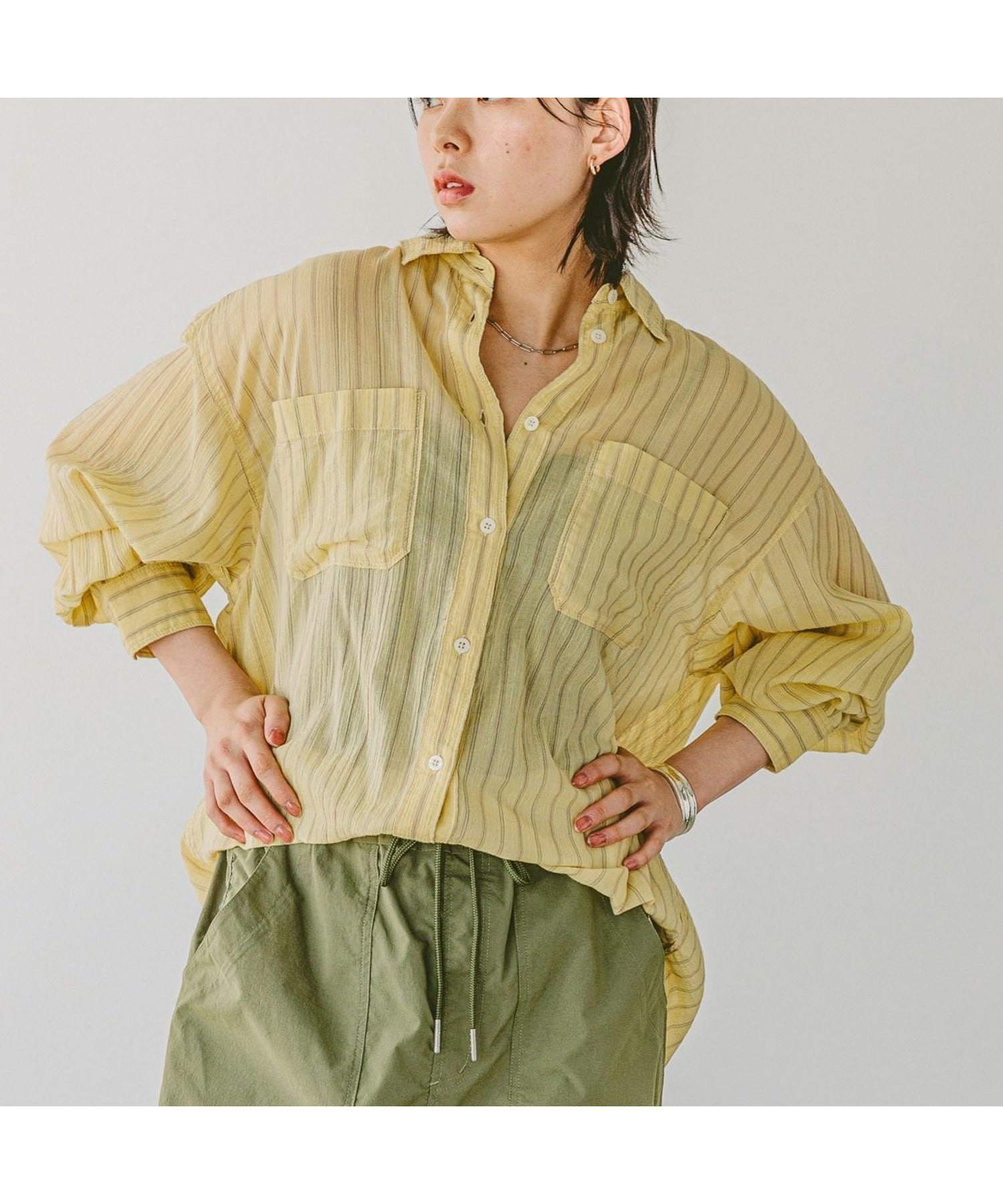 【ベイフロー/BAYFLOW】の程よい透け感 コットンシアーシャツ インテリア・キッズ・メンズ・レディースファッション・服の通販 founy(ファニー) 　ファッション　Fashion　レディースファッション　Ladies' Fashion Online　トップス・カットソー　Tops/Tshirt　シャツ/ブラウス　Shirts/Blouses　おすすめ　Recommend　ストライプ　Stripe　フロント　Front　プリント　Print　ポケット　Pocket　ワッシャー　Washer　夏　Summer　定番　Standard　羽織　Haori　イエロー60|ID: prp329100004528231 ipo3291000000032628298