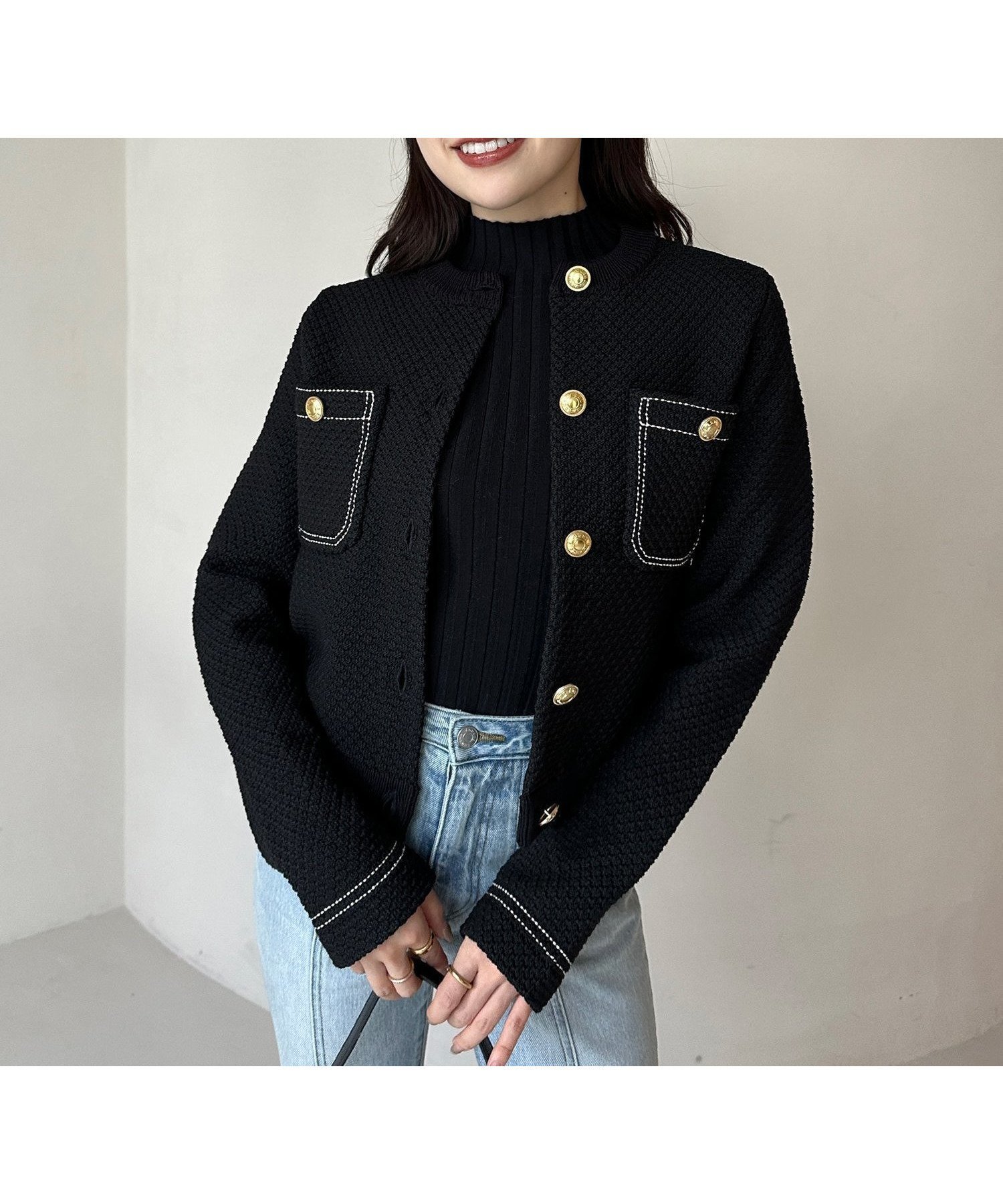 【アニュアンス/anuans】のノーカラーニットジャケット インテリア・キッズ・メンズ・レディースファッション・服の通販 founy(ファニー) 　ファッション　Fashion　レディースファッション　WOMEN　アウター　Coat Outerwear　ジャケット　Jackets　ジャケット　Jacket　軽量　Lightweight　BLACK|ID: prp329100004528370 ipo3291000000032206319