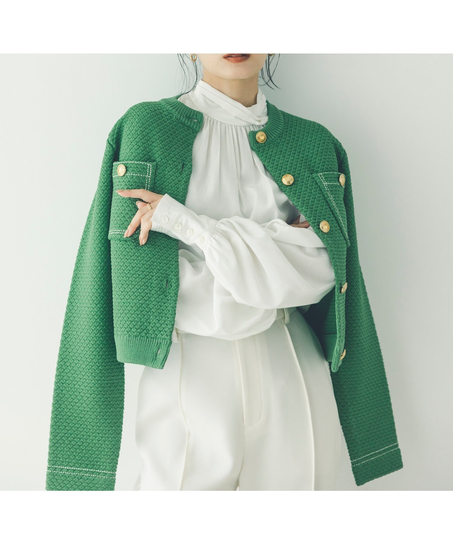 【アニュアンス/anuans】のノーカラーニットジャケット インテリア・キッズ・メンズ・レディースファッション・服の通販 founy(ファニー) 　ファッション　Fashion　レディースファッション　WOMEN　アウター　Coat Outerwear　ジャケット　Jackets　ジャケット　Jacket　軽量　Lightweight　GREEN|ID: prp329100004528370 ipo3291000000032206320