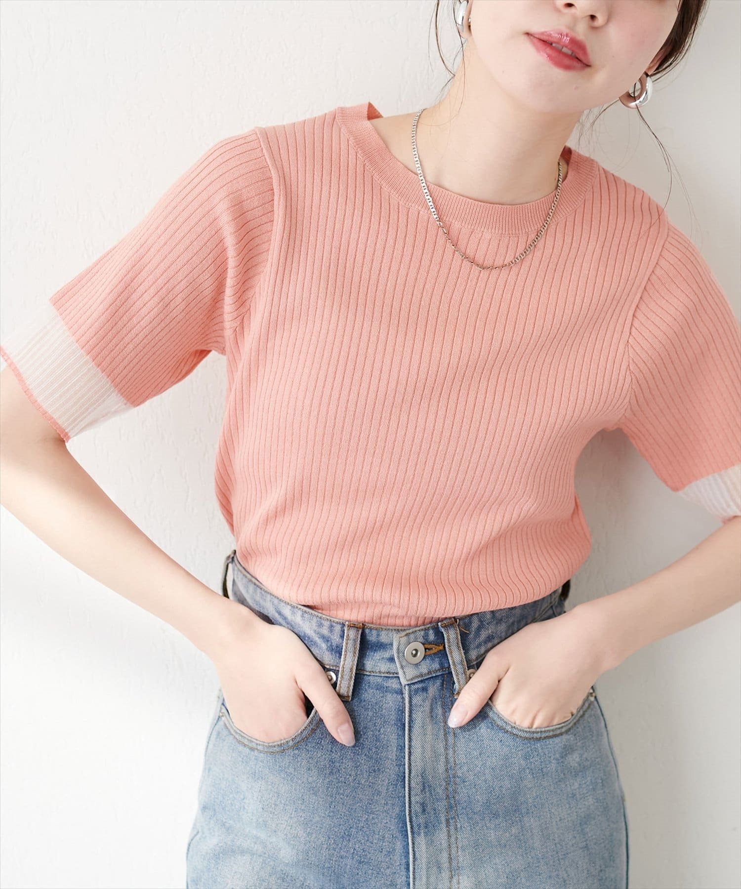 【ナチュラルクチュール/natural couture】の袖口シアー強撚リブニット インテリア・キッズ・メンズ・レディースファッション・服の通販 founy(ファニー) 　ファッション　Fashion　レディースファッション　Fashion for Women　トップス・カットソー　Cut & Sew Tops　ニット　Knit Tops & Sweaters　2025年　2025　2025春夏・S/S　Spring/Summer 2025 SS25　インナー　Innerwear　キャミソール　Camisole, Spaghetti Strap Top　サロペット　Overalls, Salopette　シアー　Sheer, See-Through　シンプル　Simple, Minimal　スリット　Slit, Slit Detail　トレンド　Trend, Trending Now　リブニット　Rib Knit, Ribbed Knit　エレガント 上品　Elegant　今季　This Season, Current Season　夏　Summer　春　Spring　S/S・春夏　SS, Spring/Summer, Warm Season　ピンク|ID: prp329100004528392 ipo3291000000032740198