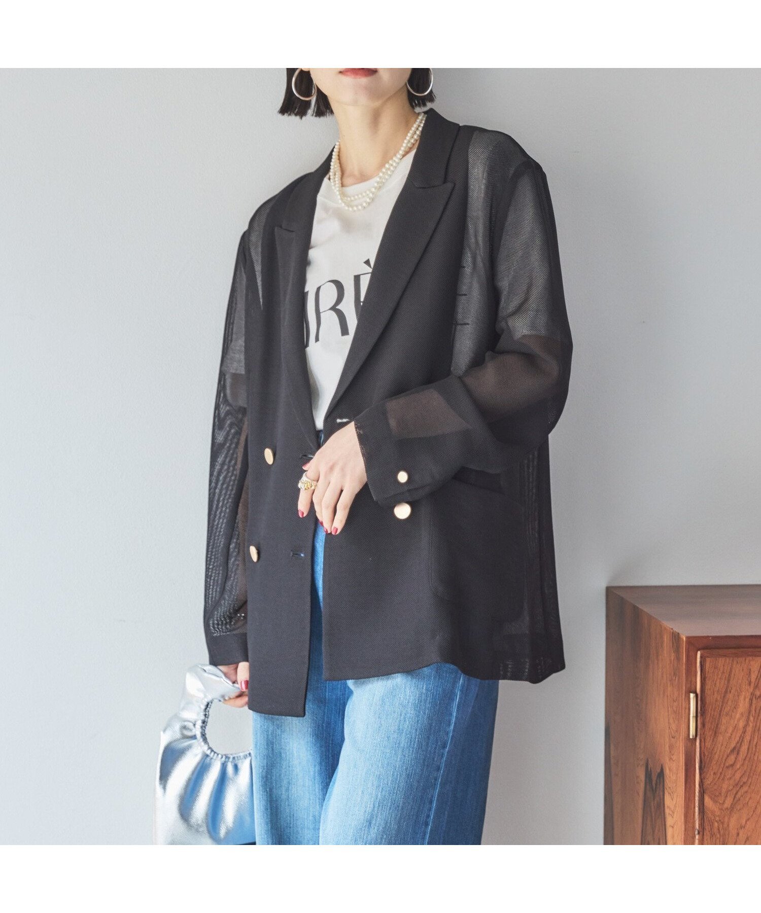 【ドゥ アルシーヴ/Doux archives】のメッシュテーラードダブルジャケット インテリア・キッズ・メンズ・レディースファッション・服の通販 founy(ファニー) 　ファッション　Fashion　レディースファッション　WOMEN　アウター　Coat Outerwear　ジャケット　Jackets　おすすめ　Recommend　インナー　Inner　シアー　Sheer　ジャケット　Jacket　トレンド　Trend　メッシュ　Mesh　夏　Summer　BLACK|ID: prp329100004528405 ipo3291000000032020547