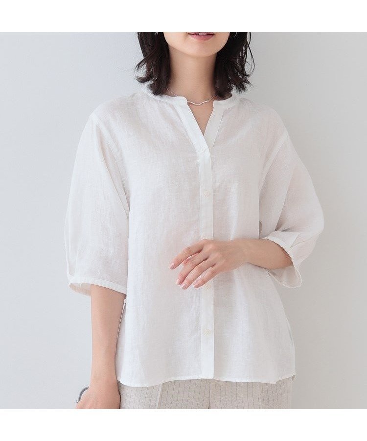 【インディヴィ/INDIVI】の【毎年人気!/フレンチリネン】5分袖バンドカラーブラウス 人気、トレンドファッション・服の通販 founy(ファニー) 　ファッション　Fashion　レディースファッション　WOMEN　トップス・カットソー　Tops/Tshirt　シャツ/ブラウス　Shirts/Blouses　ストライプ　Stripe　デニム　Denim　人気　Popularity　フォルム　Form　フレンチ　French　ブライト　Bright　ベーシック　Basic　ボトム　Bottom　羽織　Haori　リネン　Linen　夏　Summer　 other-1|ID: prp329100004528508 ipo3291000000032020957