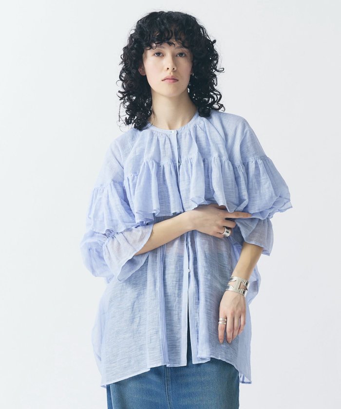【カレンソロジー/Curensology】のリネンブレンドシアーブラウス インテリア・キッズ・メンズ・レディースファッション・服の通販 founy(ファニー) https://founy.com/ ファッション Fashion レディースファッション WOMEN トップス・カットソー Tops/Tshirt シャツ/ブラウス Shirts/Blouses エアリー Airy エレガント 上品 Elegant バランス Balance フリル Frills |ID: prp329100004528519 ipo3291000000032021008
