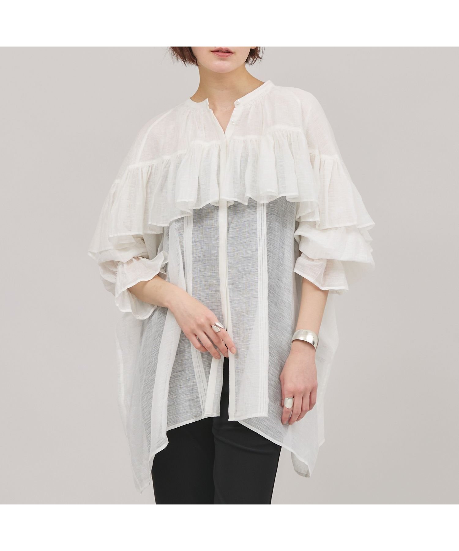 【カレンソロジー/Curensology】のリネンブレンドシアーブラウス インテリア・キッズ・メンズ・レディースファッション・服の通販 founy(ファニー) 　ファッション　Fashion　レディースファッション　WOMEN　トップス・カットソー　Tops/Tshirt　シャツ/ブラウス　Shirts/Blouses　エアリー　Airy　エレガント 上品　Elegant　バランス　Balance　フリル　Frills　ホワイト02|ID: prp329100004528519 ipo3291000000032021012