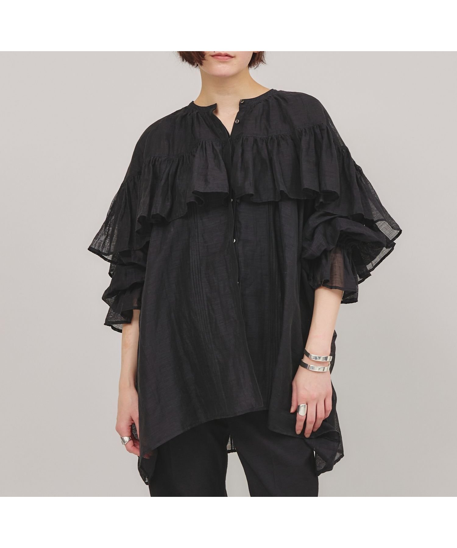 【カレンソロジー/Curensology】のリネンブレンドシアーブラウス インテリア・キッズ・メンズ・レディースファッション・服の通販 founy(ファニー) 　ファッション　Fashion　レディースファッション　WOMEN　トップス・カットソー　Tops/Tshirt　シャツ/ブラウス　Shirts/Blouses　エアリー　Airy　エレガント 上品　Elegant　バランス　Balance　フリル　Frills　ブラック09|ID: prp329100004528519 ipo3291000000032021013