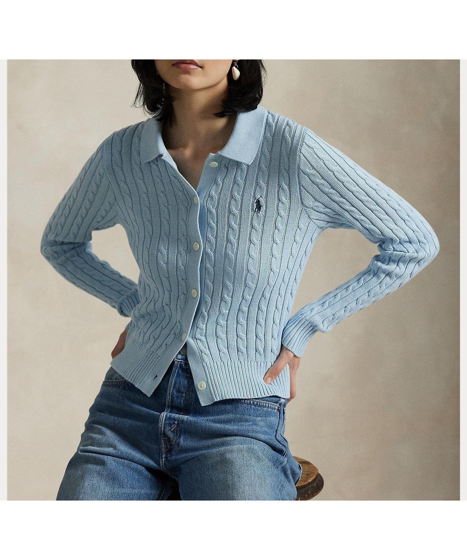 【ラルフローレン/RALPH LAUREN】のケーブルニット コットン カーディガン インテリア・キッズ・メンズ・レディースファッション・服の通販 founy(ファニー) 　ファッション　Fashion　レディースファッション　Ladies' Fashion Online　トップス・カットソー　Tops/Tshirt　ニット　Knit Tops　カーディガン　Cardigans　カフス　Cuffs　カーディガン　Cardigan　スリム　Slim　フィット　Fit　ポロシャツ　Polo Shirt　リブニット　Rib Knit　長袖　Long Sleeve　400ブルー|ID: prp329100004528526 ipo3291000000032638353
