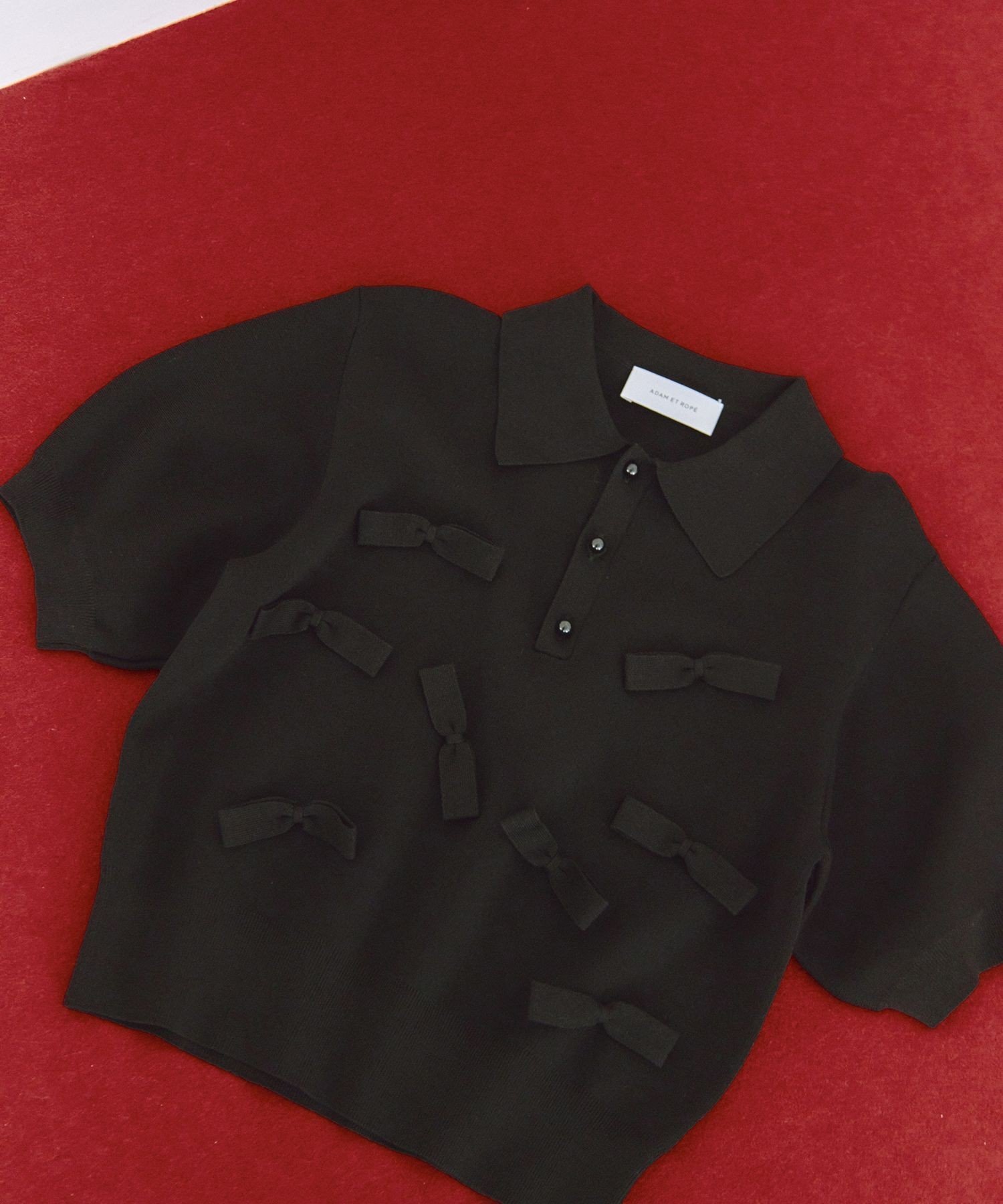 【アダム エ ロペ/ADAM ET ROPE'】のリボンポロニット インテリア・キッズ・メンズ・レディースファッション・服の通販 founy(ファニー) 　ファッション　Fashion　レディースファッション　Fashion for Women　トップス・カットソー　Cut & Sew Tops　ニット　Knit Tops & Sweaters　インナー　Innerwear　春　Spring　コンパクト　Compact, Small Size　サマー　Summer, Summer Style　ジャケット　Jacket, Outerwear　デニム　Denim, Jeans Material　バランス　Balance, Style Balance　ボトム　Bottoms, Lower Wear　ポケット　Pocket, Pocket Detail　ポロシャツ　Polo Shirt, Collared Tee　モチーフ　Motif, Design Theme　リボン　Ribbon, Bow　ロング　Long, Long-Length　S/S・春夏　SS, Spring/Summer, Warm Season　夏　Summer　2025年　2025　2025春夏・S/S　Spring/Summer 2025 SS25　ブラック(01)|ID: prp329100004528639 ipo3291000000032765500