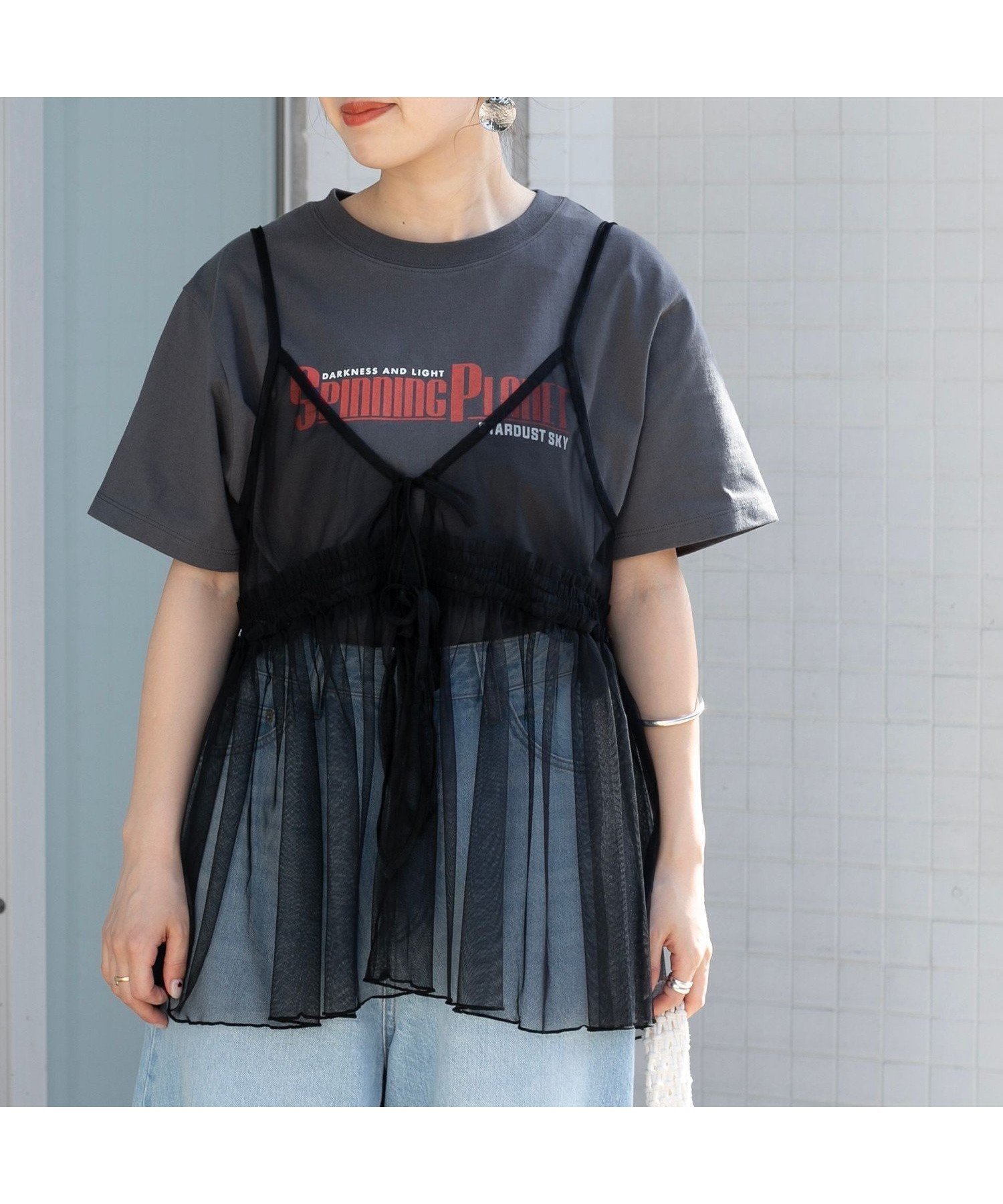 【コーエン/COEN】のチュールキャミ付きロゴTシャツ インテリア・キッズ・メンズ・レディースファッション・服の通販 founy(ファニー) 　ファッション　Fashion　レディースファッション　WOMEN　トップス・カットソー　Tops/Tshirt　キャミソール / ノースリーブ　No Sleeves　シャツ/ブラウス　Shirts/Blouses　ロング / Tシャツ　T-Shirts　おすすめ　Recommend　カットソー　Cut And Sew　ガーリー　Girly　キャミソール　Camisole　シアー　Sheer　チュール　Tulle　夏　Summer　春　Spring　S/S・春夏　Ss・Spring/Summer　DK.GRAY|ID: prp329100004528653 ipo3291000000032108712