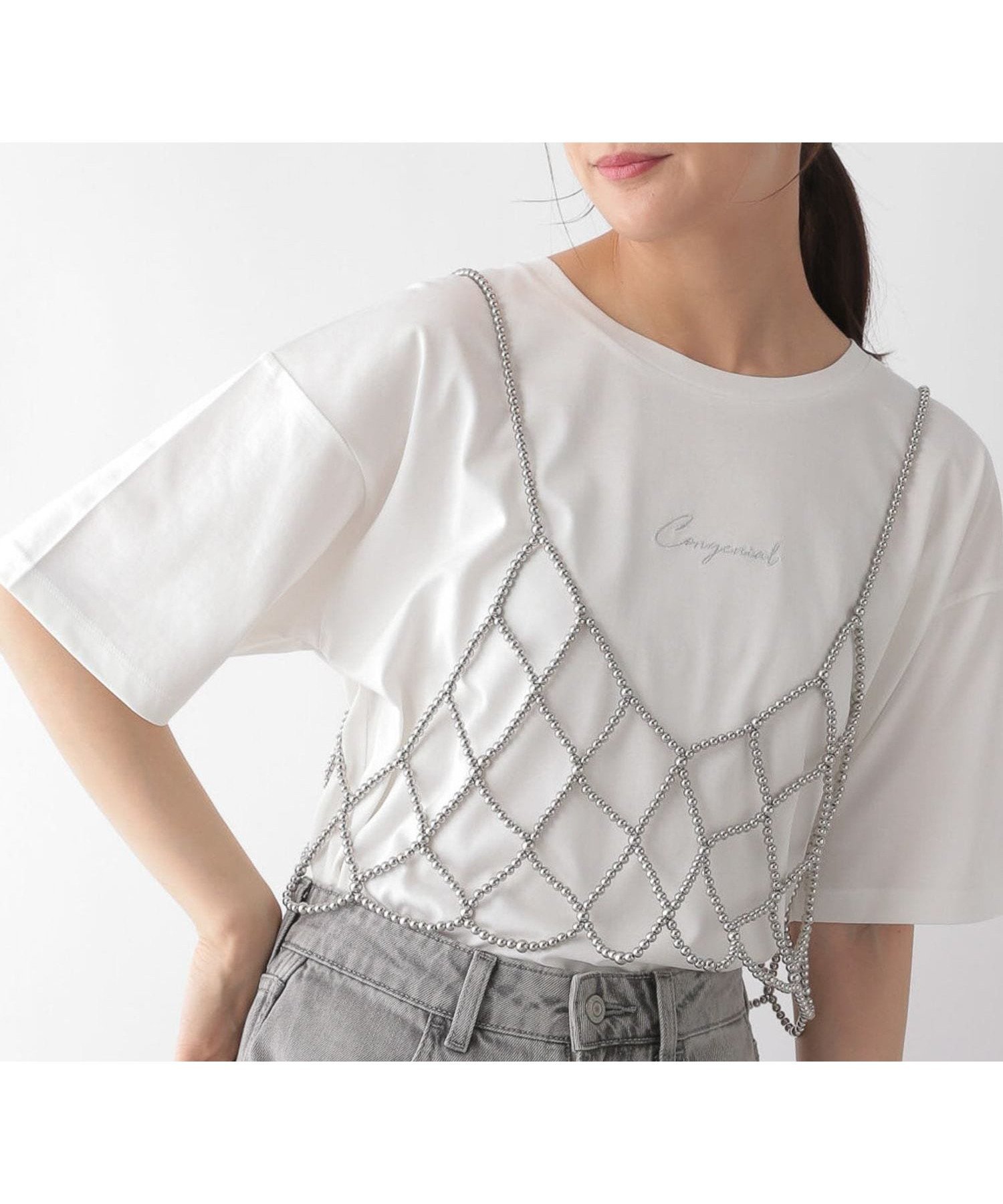 【グローバルワーク/GLOBAL WORK】のリッチクリーンプリントT/987156 インテリア・キッズ・メンズ・レディースファッション・服の通販 founy(ファニー) 　ファッション　Fashion　レディースファッション　Ladies' Fashion Online　インナー　Inner　シルク　Silk　スリット　Slit　人気　Popularity　抗菌　Antibacterial　オフ/シルバー刺繍筆記体02|ID: prp329100004528725 ipo3291000000032578879