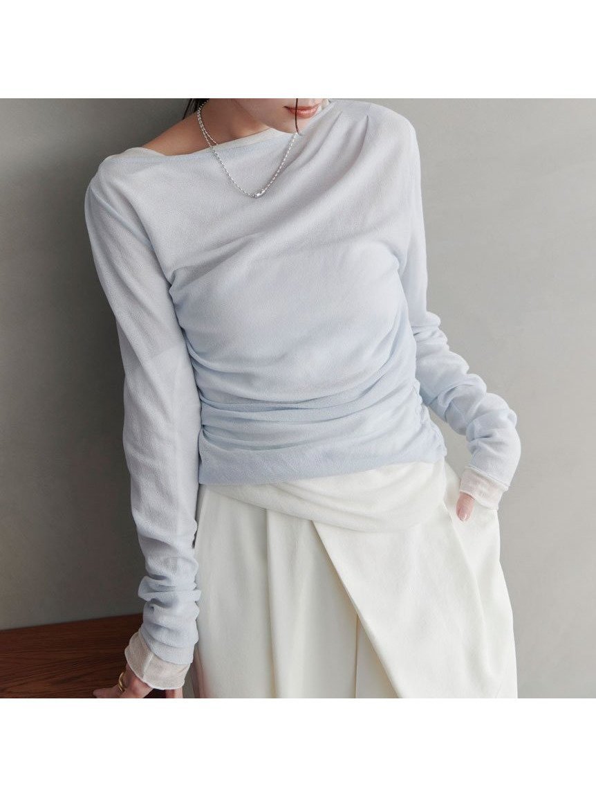 【ミースロエ/MIESROHE】のアシンメトリーギャザーTOPS インテリア・キッズ・メンズ・レディースファッション・服の通販 founy(ファニー) 　雑誌掲載アイテム　Magazine Items　ファッション雑誌　Fashion Magazines　ヴェリィ　VERY　ファッション　Fashion　レディースファッション　Ladies' Fashion Online　トップス・カットソー　Tops/Tshirt　5月号　May Issue　6月号　June Issue　インナー　Inner　ギャザー　Gather　シアー　Sheer　デコルテ　Decolletage　トレンド　Trend　フィット　Fit　雑誌　Magazine　LBLU[081]|ID: prp329100004528872 ipo3291000000032698341
