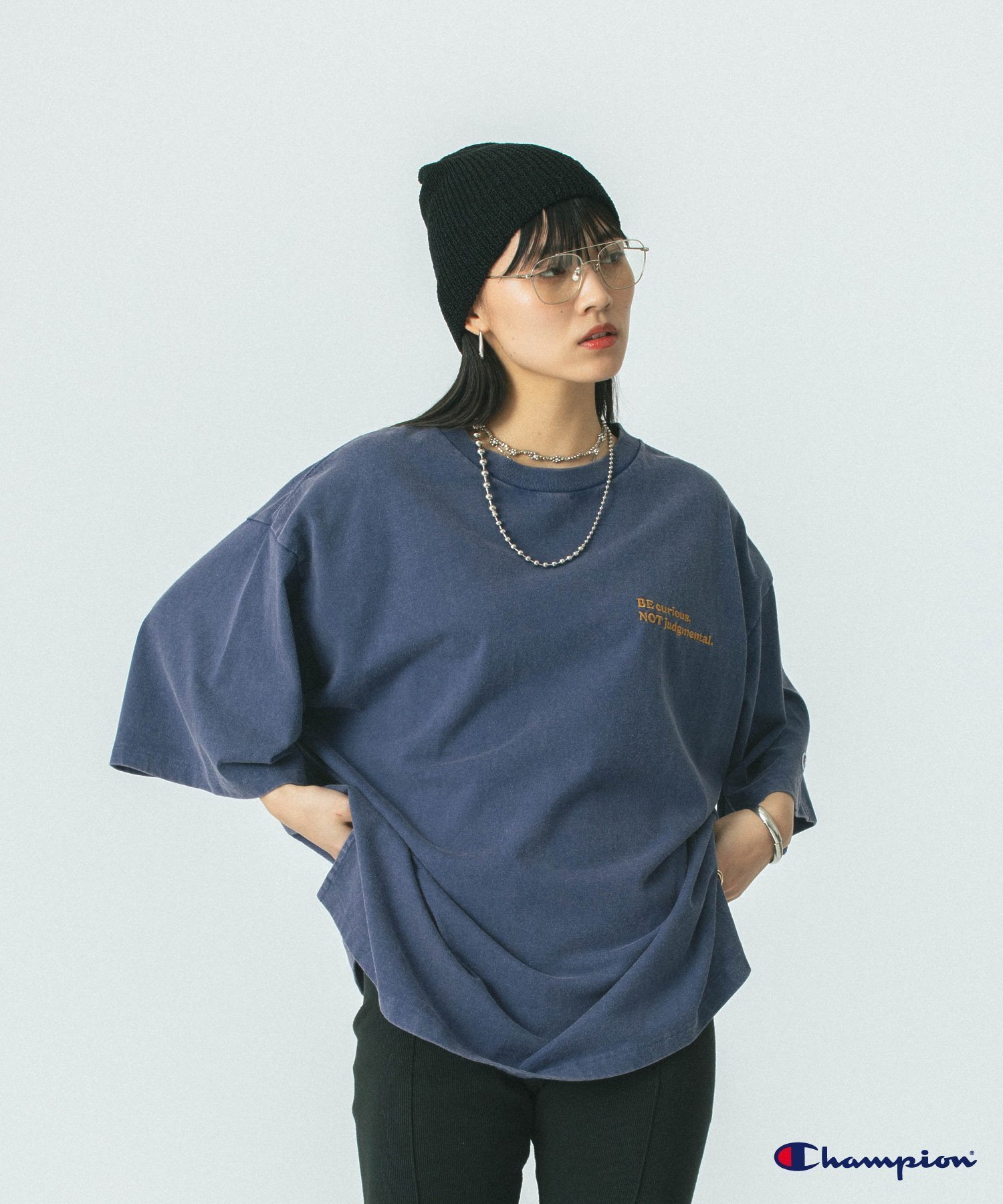 【ローズバッド/ROSE BUD】の【Champion別注】(ROSE BUD*Champion)LOGO EMBROIDERY BIG TEE インテリア・キッズ・メンズ・レディースファッション・服の通販 founy(ファニー) 　ファッション　Fashion　レディースファッション　WOMEN　カットソー　Cut And Sew　シンプル　Simple　チュニック　Tunic　人気　Popularity　パープル　Purple　ビッグ　Big　別注　Special Order　再入荷　Restock/Back In Stock/Re Arrival　おすすめ　Recommend　NAVY|ID: prp329100004528938 ipo3291000000032022917