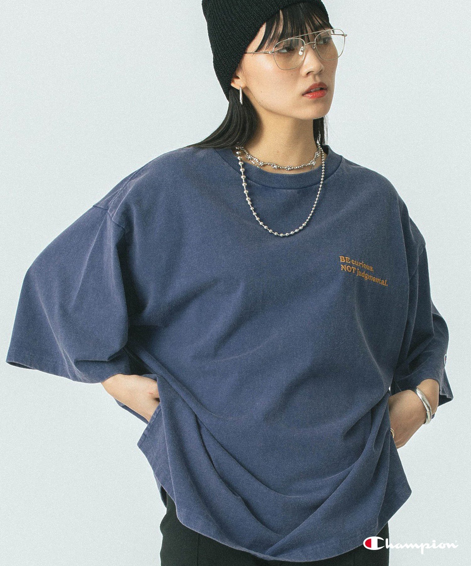 【ローズバッド/ROSE BUD】の【Champion別注】(ROSE BUD*Champion)LOGO EMBROIDERY BIG TEE インテリア・キッズ・メンズ・レディースファッション・服の通販 founy(ファニー) 　ファッション　Fashion　レディースファッション　Ladies' Fashion Online　カットソー　Cut And Sew　シンプル　Simple　チュニック　Tunic　人気　Popularity　パープル　Purple　ビッグ　Big　別注　Special Order　再入荷　Restock/Back In Stock/Re Arrival　おすすめ　Recommend　NAVY|ID: prp329100004528938 ipo3291000000032672408
