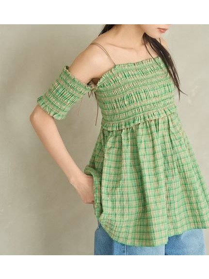 【リリーブラウン/Lily Brown】の3wayシャーリングペプラムトップス インテリア・キッズ・メンズ・レディースファッション・服の通販 founy(ファニー) 　ファッション　Fashion　レディースファッション　Ladies' Fashion Online　トップス・カットソー　Tops/Tshirt　キャミソール　Camisole　サッカー　Soccer　スラックス　Slacks　チュニック　Tunic　デニム　Denim　フレア　Flare　夏　Summer　GRN[024]|ID: prp329100004529038 ipo3291000000032607163