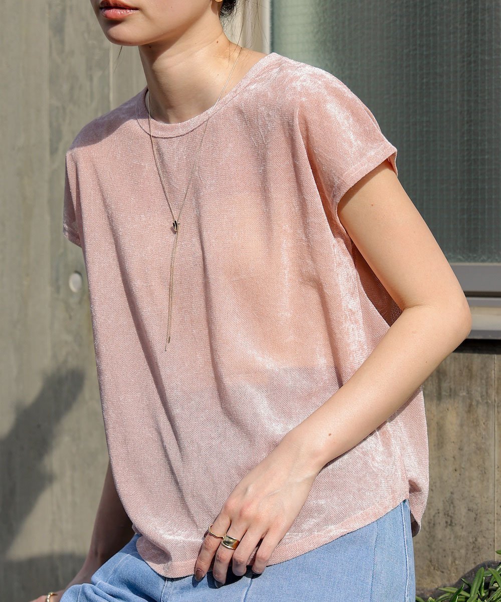 【バブ ブージュルード/Bab Bou Jeloud】のシアーベロアフレンチスリーブカットソー インテリア・キッズ・メンズ・レディースファッション・服の通販 founy(ファニー) 　ファッション　Fashion　レディースファッション　WOMEN　トップス・カットソー　Tops/Tshirt　カットソー　Cut and Sewn　ベロア　Velour　おすすめ　Recommend　シアー　Sheer　スリーブ　Sleeve　フレンチ　French　ベロア　Velor　ボトム　Bottom　春　Spring　PINK|ID: prp329100004529087 ipo3291000000032023508