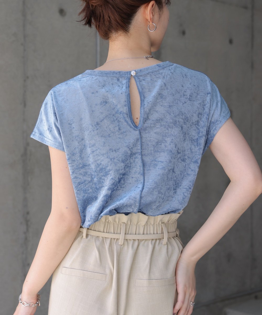 【バブ ブージュルード/Bab Bou Jeloud】のシアーベロアフレンチスリーブカットソー インテリア・キッズ・メンズ・レディースファッション・服の通販 founy(ファニー) 　ファッション　Fashion　レディースファッション　WOMEN　トップス・カットソー　Tops/Tshirt　カットソー　Cut and Sewn　ベロア　Velour　おすすめ　Recommend　シアー　Sheer　スリーブ　Sleeve　フレンチ　French　ベロア　Velor　ボトム　Bottom　春　Spring　BLUE|ID: prp329100004529087 ipo3291000000032023509