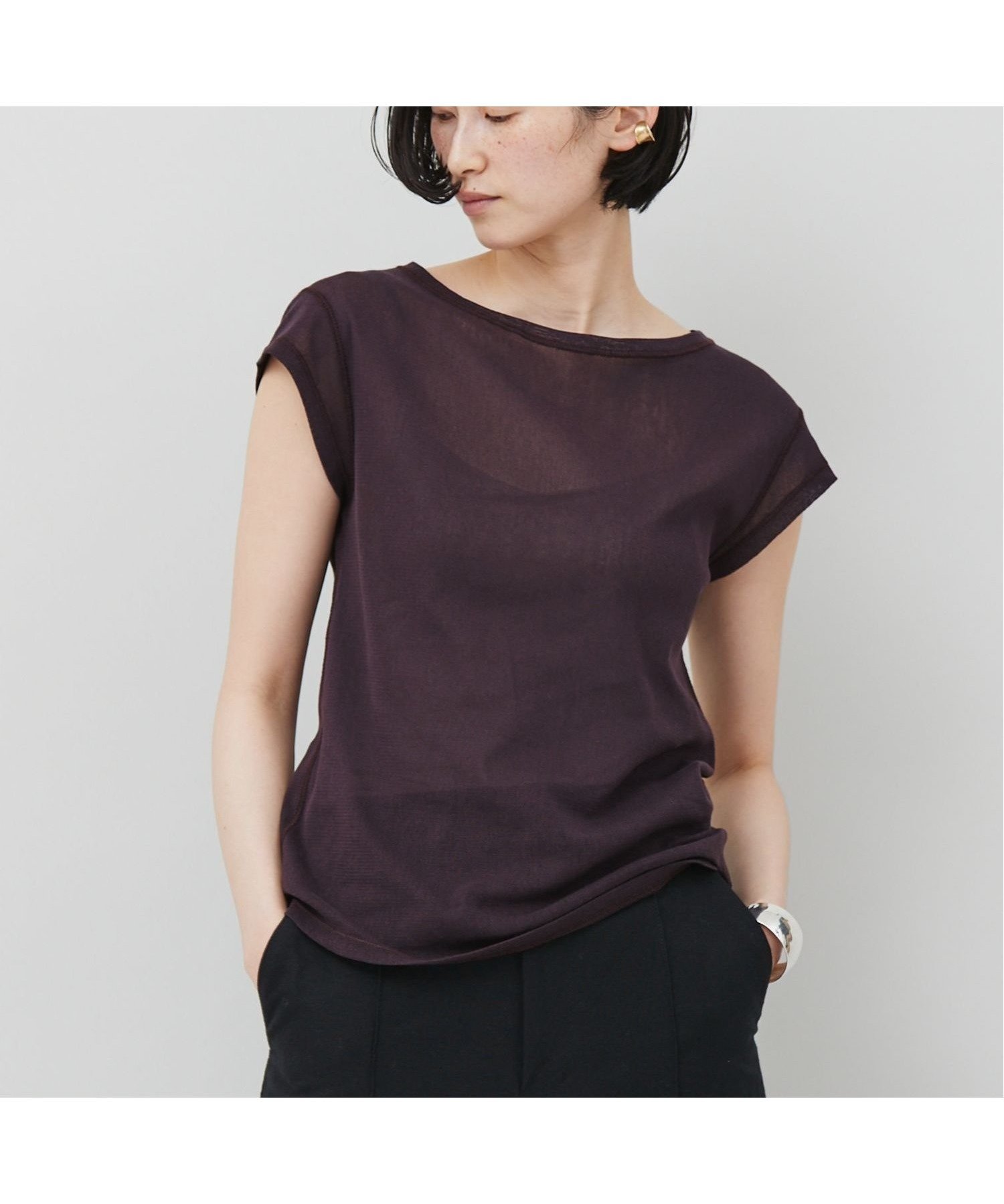 【カレンソロジー/Curensology】のコットンチュールプルオーバー インテリア・キッズ・メンズ・レディースファッション・服の通販 founy(ファニー) 　ファッション　Fashion　レディースファッション　Fashion for Women　トップス・カットソー　Cut & Sew Tops　カジュアルプルオーバー・ニットトップス　Pullovers & Knit Tops / Casual Pullovers　エレガント 上品　Elegant　カットソー　Cut and Sewn Top　シアー　Sheer, See-Through　シンプル　Simple, Minimal　ストレッチ　Stretch, Stretchy Fabric　スリーブ　Sleeve, Long Sleeve / Short Sleeve　チュール　Tulip, Tulip Motif　定番　Standard, Basic Item　フレンチ　French, French Style　ベーシック　Basic, Essential　日本製　Made In Japan　夏　Summer　ダークブラウン58|ID: prp329100004529204 ipo3291000000032640057