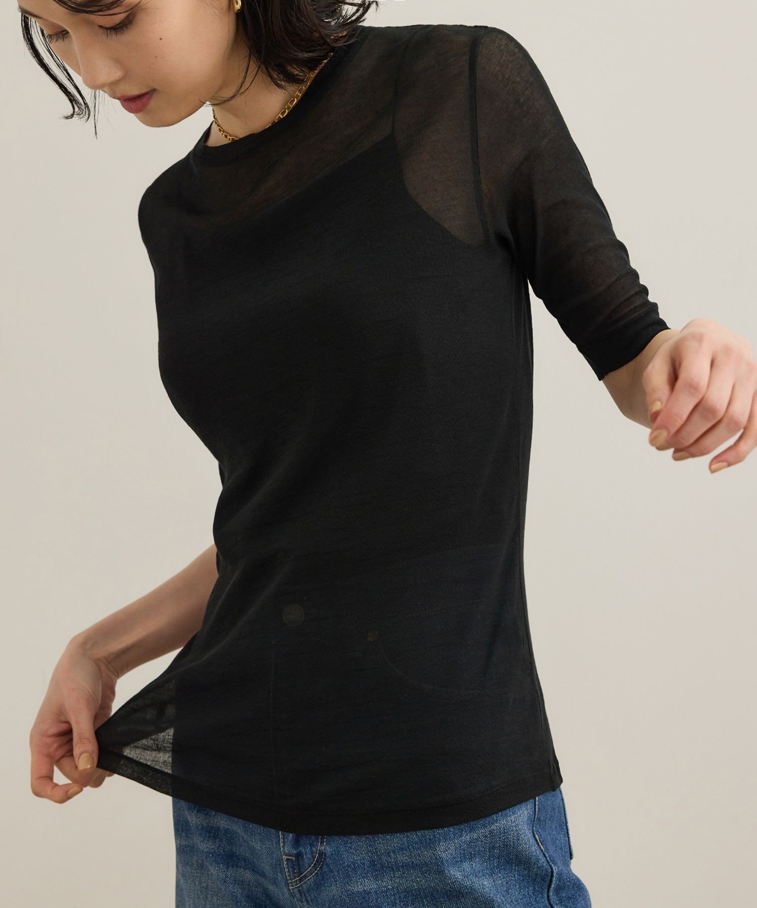 【ロペ/ROPE'】のシアーフライス5分袖プルオーバー インテリア・キッズ・メンズ・レディースファッション・服の通販 founy(ファニー) 　ファッション　Fashion　レディースファッション　WOMEN　トップス・カットソー　Tops/Tshirt　プルオーバー　Pullover　おすすめ　Recommend　カットソー　Cut And Sew　シアー　Sheer　シンプル　Simple　トレンド　Trend　フィット　Fit　ポケット　Pocket　リラックス　Relax　ブラック(01)|ID: prp329100004529221 ipo3291000000032024022