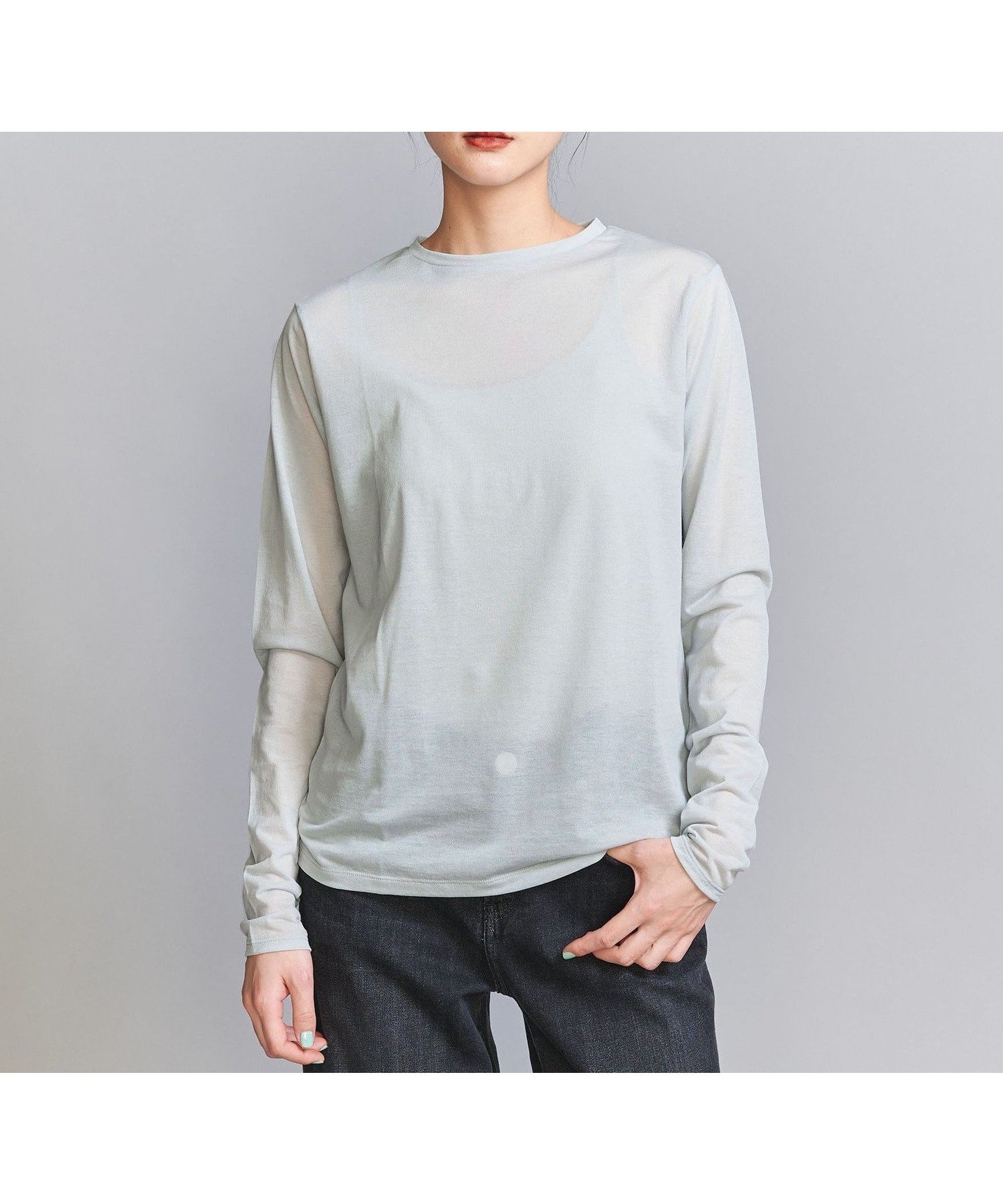【ビューティ&ユース ユナイテッドアローズ/BEAUTY&YOUTH / UNITED ARROWS】のコットンナイロン天竺 シアー クルーネック Tシャツ インテリア・キッズ・メンズ・レディースファッション・服の通販 founy(ファニー) 　ファッション　Fashion　レディースファッション　Fashion for Women　トップス・カットソー　Cut & Sew Tops　シャツ・ブラウス・オフィスカジュアル　Elegant Blouses & Button-Ups　ロングTシャツ・Tシャツ　Longline T-Shirts & Tees　おすすめ　Recommended / Our Picks　インナー　Innerwear　カットソー　Cut and Sewn Top　カーディガン　Cardigan, Knitwear　シアー　Sheer, See-Through　ジャケット　Jacket, Outerwear　スリーブ　Sleeve, Long Sleeve / Short Sleeve　トレンド　Trend, Trending Now　フェミニン　Feminine, Girly　ロング　Long, Long-Length　定番　Standard, Basic Item　LT.BLUE|ID: prp329100004529232 ipo3291000000033272214