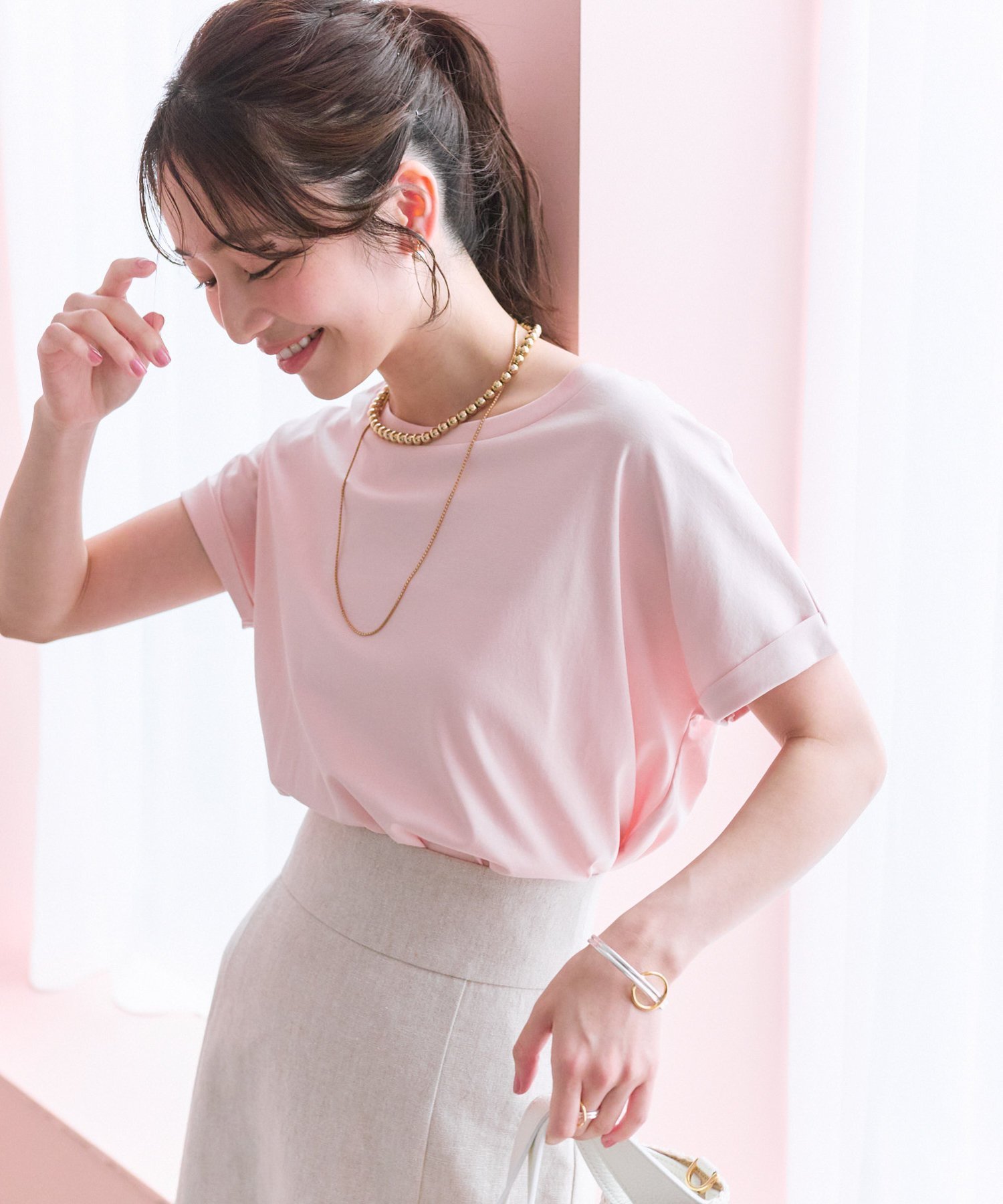 【ラブティックボンボン/La boutique BonBon】の【名品・二の腕すっきり見え】ターンバックスリーブカットソー インテリア・キッズ・メンズ・レディースファッション・服の通販 founy(ファニー) 　ファッション　Fashion　レディースファッション　Ladies' Fashion Online　トップス・カットソー　Tops/Tshirt　カットソー　Cut and Sewn　おすすめ　Recommend　インナー　Inner　カットソー　Cut And Sew　ショルダー　Shoulder　シルケット　Mercerization　ドロップ　Drop　ボトム　Bottom　ピンク|ID: prp329100004529341 ipo3291000000032680491