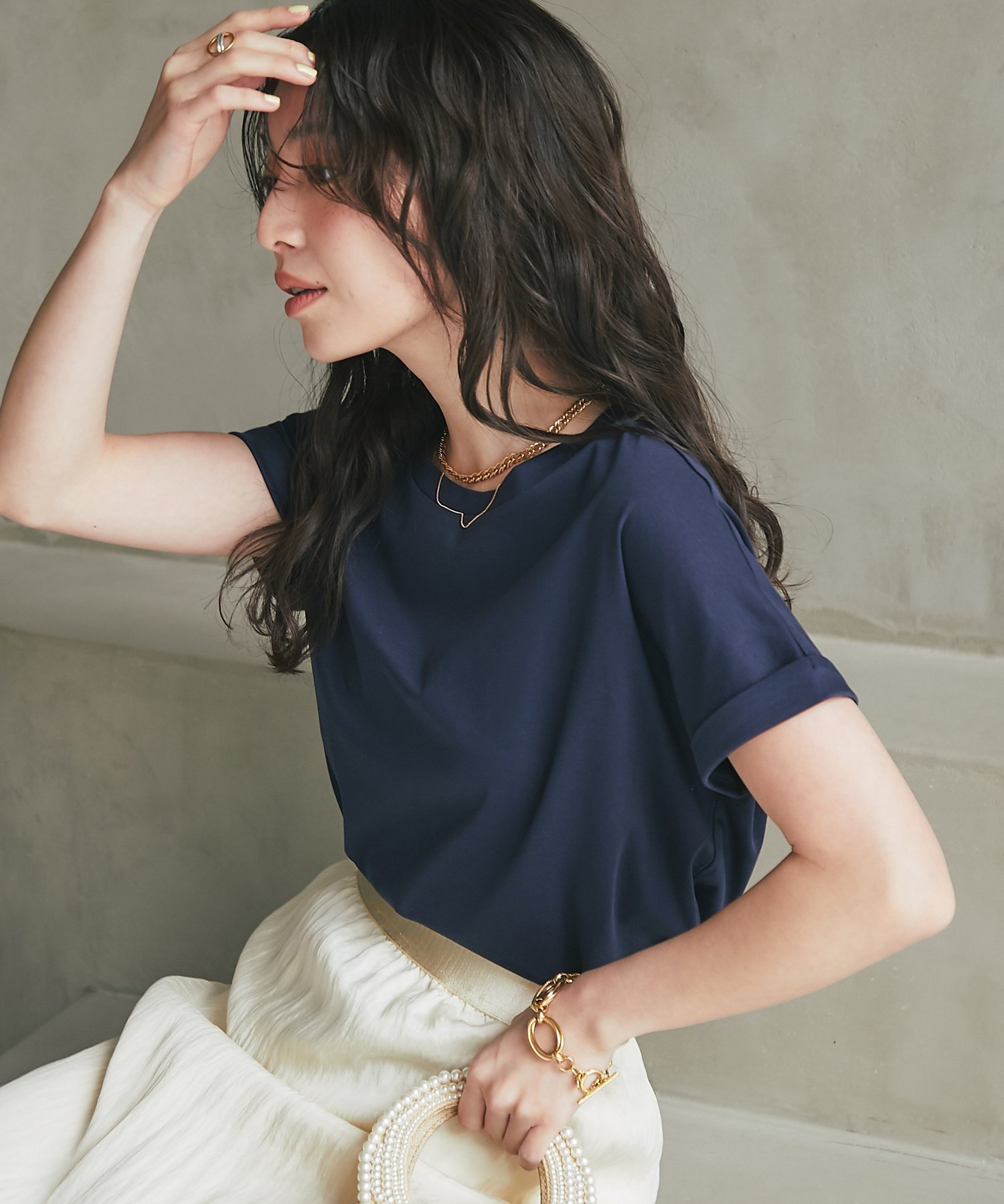 【ラブティックボンボン/La boutique BonBon】の【名品・二の腕すっきり見え】ターンバックスリーブカットソー インテリア・キッズ・メンズ・レディースファッション・服の通販 founy(ファニー) 　ファッション　Fashion　レディースファッション　Ladies' Fashion Online　トップス・カットソー　Tops/Tshirt　カットソー　Cut and Sewn　おすすめ　Recommend　インナー　Inner　カットソー　Cut And Sew　ショルダー　Shoulder　シルケット　Mercerization　ドロップ　Drop　ボトム　Bottom　ネイビー|ID: prp329100004529341 ipo3291000000032680499