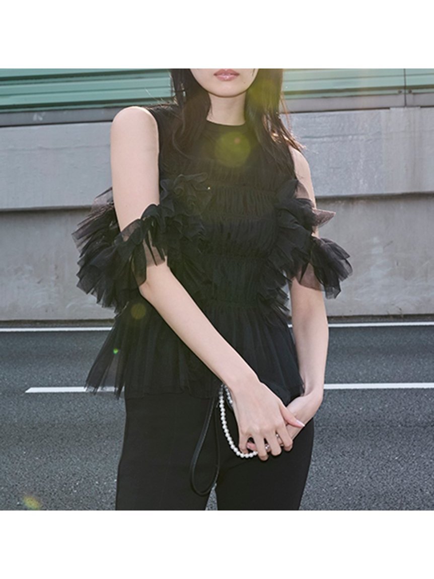 【フレイ アイディー/FRAY I.D】のチュールコンビ2wayトップス インテリア・キッズ・メンズ・レディースファッション・服の通販 founy(ファニー) 　ファッション　Fashion　レディースファッション　WOMEN　トップス・カットソー　Tops/Tshirt　オフショルダー　Off Shoulder　シャーリング　Shirring　チュール　Tulle　トレンド　Trend　ドッキング　Docking　リボン　Ribbon　エレガント 上品　Elegant　春　Spring　BLK[009]|ID: prp329100004529347 ipo3291000000032024546