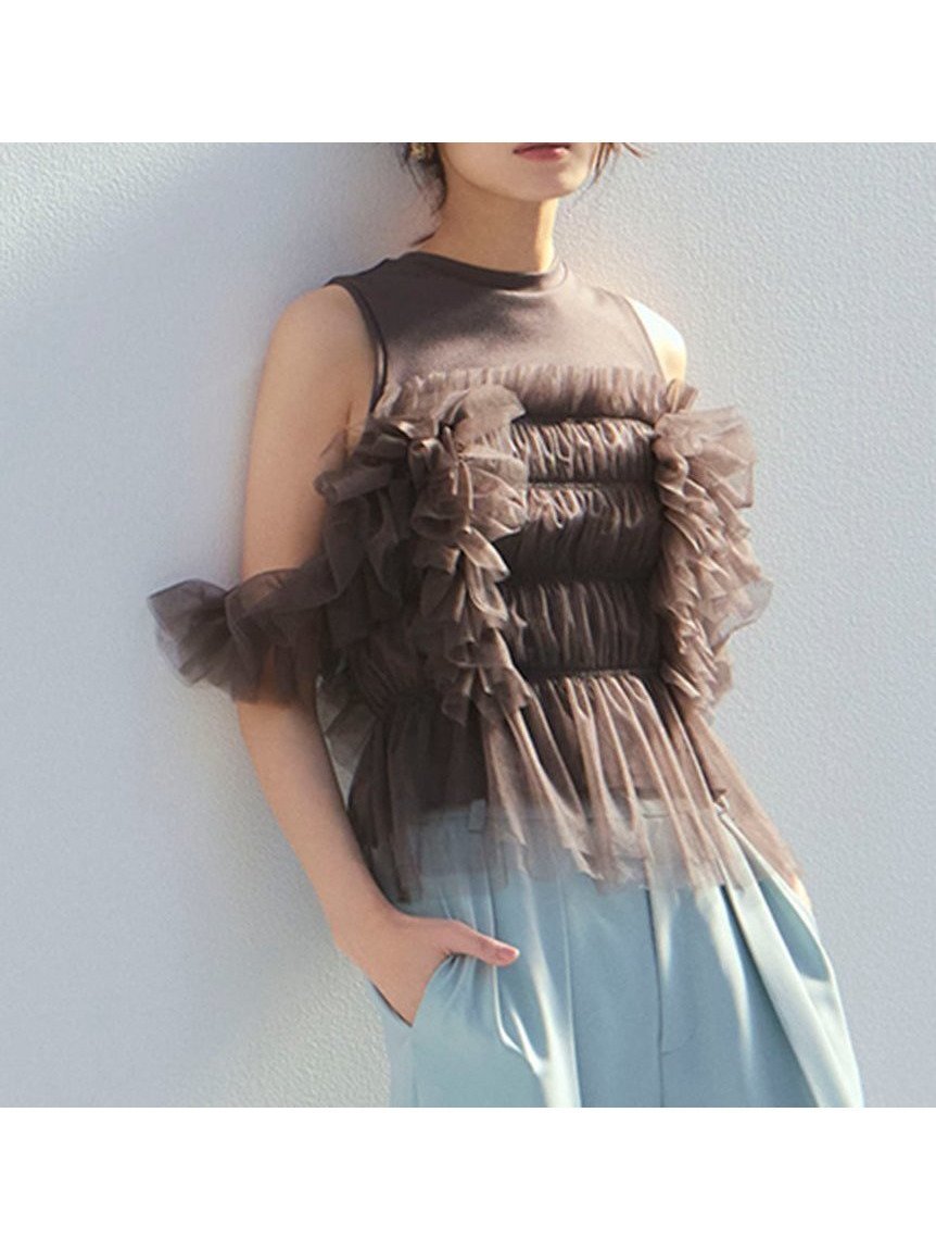 【フレイ アイディー/FRAY I.D】のチュールコンビ2wayトップス インテリア・キッズ・メンズ・レディースファッション・服の通販 founy(ファニー) 　ファッション　Fashion　レディースファッション　WOMEN　トップス・カットソー　Tops/Tshirt　オフショルダー　Off Shoulder　シャーリング　Shirring　チュール　Tulle　トレンド　Trend　ドッキング　Docking　リボン　Ribbon　エレガント 上品　Elegant　春　Spring　BRW[058]|ID: prp329100004529347 ipo3291000000032024547