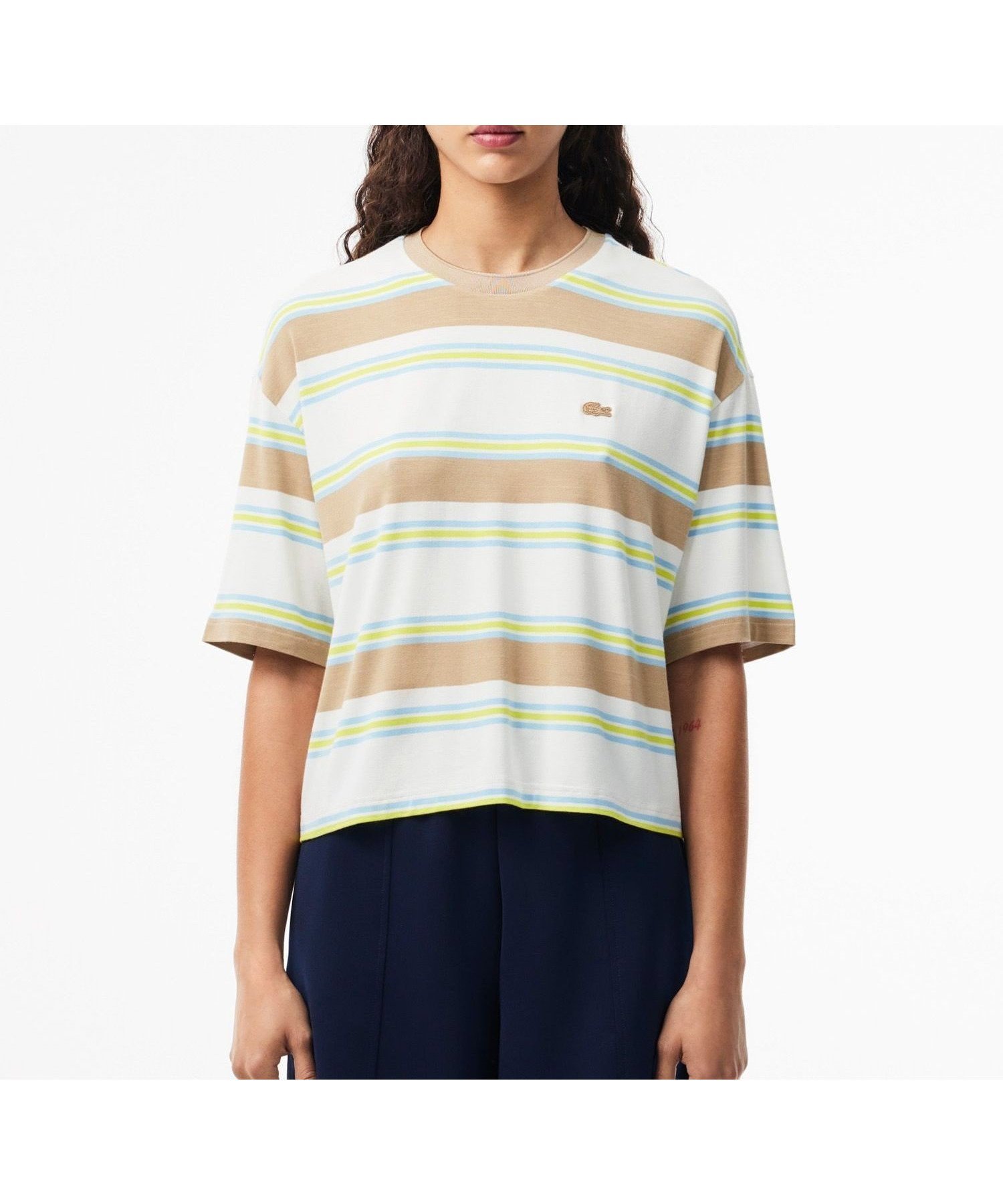 【ラコステ/LACOSTE】のオーバーサイズ レーヨン クロップド丈 ミックスボーダー半袖Tシャツ インテリア・キッズ・メンズ・レディースファッション・服の通販 founy(ファニー) 　ファッション　Fashion　レディースファッション　WOMEN　トップス・カットソー　Tops/Tshirt　シャツ/ブラウス　Shirts/Blouses　ロング / Tシャツ　T-Shirts　なめらか　Smooth　クロップド　Cropped　トレンド　Trend　パターン　Pattern　ベーシック　Basic　ボーダー　Border　ミックス　Mix　半袖　Short Sleeve　オフホワイト|ID: prp329100004529362 ipo3291000000032024609