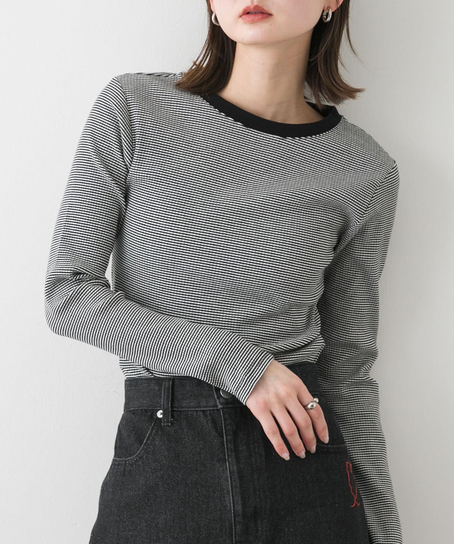 【センスオブプレイス/SENSE OF PLACE by URBAN RESEARCH】の『WEB限定』クルーネックリンガーボーダーTシャツ インテリア・キッズ・メンズ・レディースファッション・服の通販 founy(ファニー) 　ファッション　Fashion　レディースファッション　WOMEN　トップス・カットソー　Tops/Tshirt　シャツ/ブラウス　Shirts/Blouses　ロング / Tシャツ　T-Shirts　2025年　2025　2025春夏・S/S　Ss,Spring/Summer,2025　おすすめ　Recommend　インナー　Inner　デニム　Denim　ボーダー　Border　夏　Summer　S/S・春夏　Ss・Spring/Summer　BLACK|ID: prp329100004529376 ipo3291000000032024677