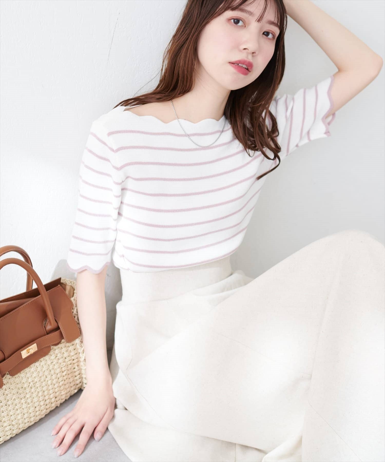 【ナチュラルクチュール/natural couture】の袖口配色スカラップ強撚ニット(5分袖) インテリア・キッズ・メンズ・レディースファッション・服の通販 founy(ファニー) 　ファッション　Fashion　レディースファッション　WOMEN　トップス・カットソー　Tops/Tshirt　ニット　Knit Tops　2025年　2025　2025春夏・S/S　Ss,Spring/Summer,2025　インナー　Inner　サロペット　Overalls　シンプル　Simple　スカラップ　Scalloped　その他2|ID: prp329100004529442 ipo3291000000032024929