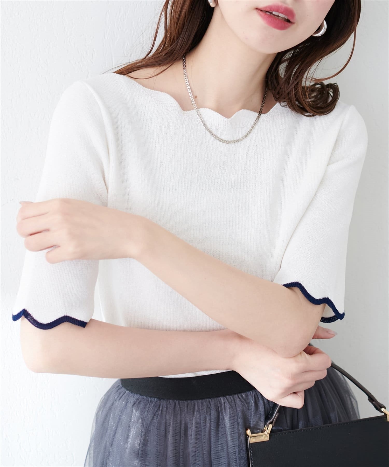 【ナチュラルクチュール/natural couture】の袖口配色スカラップ強撚ニット(5分袖) インテリア・キッズ・メンズ・レディースファッション・服の通販 founy(ファニー) 　ファッション　Fashion　レディースファッション　WOMEN　トップス・カットソー　Tops/Tshirt　ニット　Knit Tops　2025年　2025　2025春夏・S/S　Ss,Spring/Summer,2025　インナー　Inner　サロペット　Overalls　シンプル　Simple　スカラップ　Scalloped　オフホワイト|ID: prp329100004529442 ipo3291000000032024931