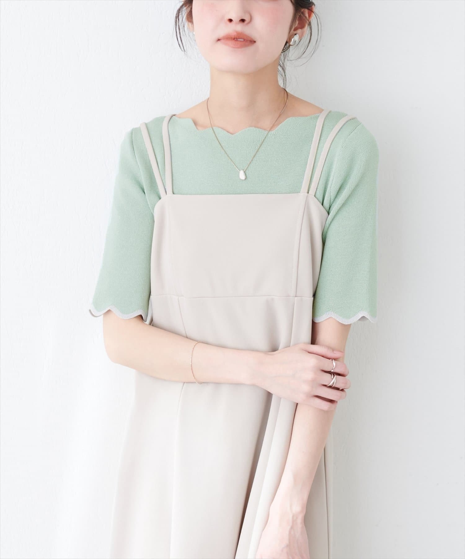 【ナチュラルクチュール/natural couture】の袖口配色スカラップ強撚ニット(5分袖) インテリア・キッズ・メンズ・レディースファッション・服の通販 founy(ファニー) 　ファッション　Fashion　レディースファッション　WOMEN　トップス・カットソー　Tops/Tshirt　ニット　Knit Tops　2025年　2025　2025春夏・S/S　Ss,Spring/Summer,2025　インナー　Inner　サロペット　Overalls　シンプル　Simple　スカラップ　Scalloped　ミント|ID: prp329100004529442 ipo3291000000032024933