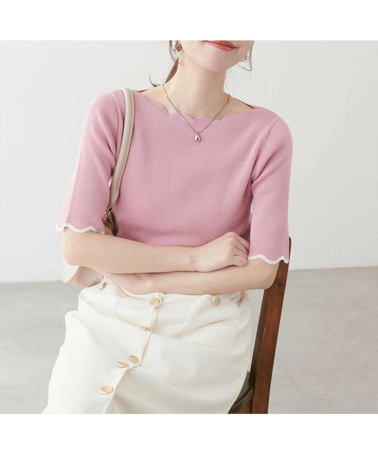 【ナチュラルクチュール/natural couture】の袖口配色スカラップ強撚ニット(5分袖) インテリア・キッズ・メンズ・レディースファッション・服の通販 founy(ファニー) 　ファッション　Fashion　レディースファッション　WOMEN　トップス・カットソー　Tops/Tshirt　ニット　Knit Tops　2025年　2025　2025春夏・S/S　Ss,Spring/Summer,2025　インナー　Inner　サロペット　Overalls　シンプル　Simple　スカラップ　Scalloped　ピンク|ID: prp329100004529442 ipo3291000000032024935