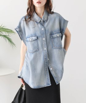 【ラジュール/Lajour】のフレンチスリーブデニムシャツ 人気、トレンドファッション・服の通販 founy(ファニー) ファッション Fashion レディースファッション Fashion for Women トップス・カットソー Cut & Sew Tops シャツ・ブラウス・オフィスカジュアル Elegant Blouses & Button-Ups デニム Denim, Jeans Material ラウンド Round, Round Neck ルーズ Loose, Oversized エレガント 上品 Elegant 定番 Standard, Basic Item |ID:prp329100004529916