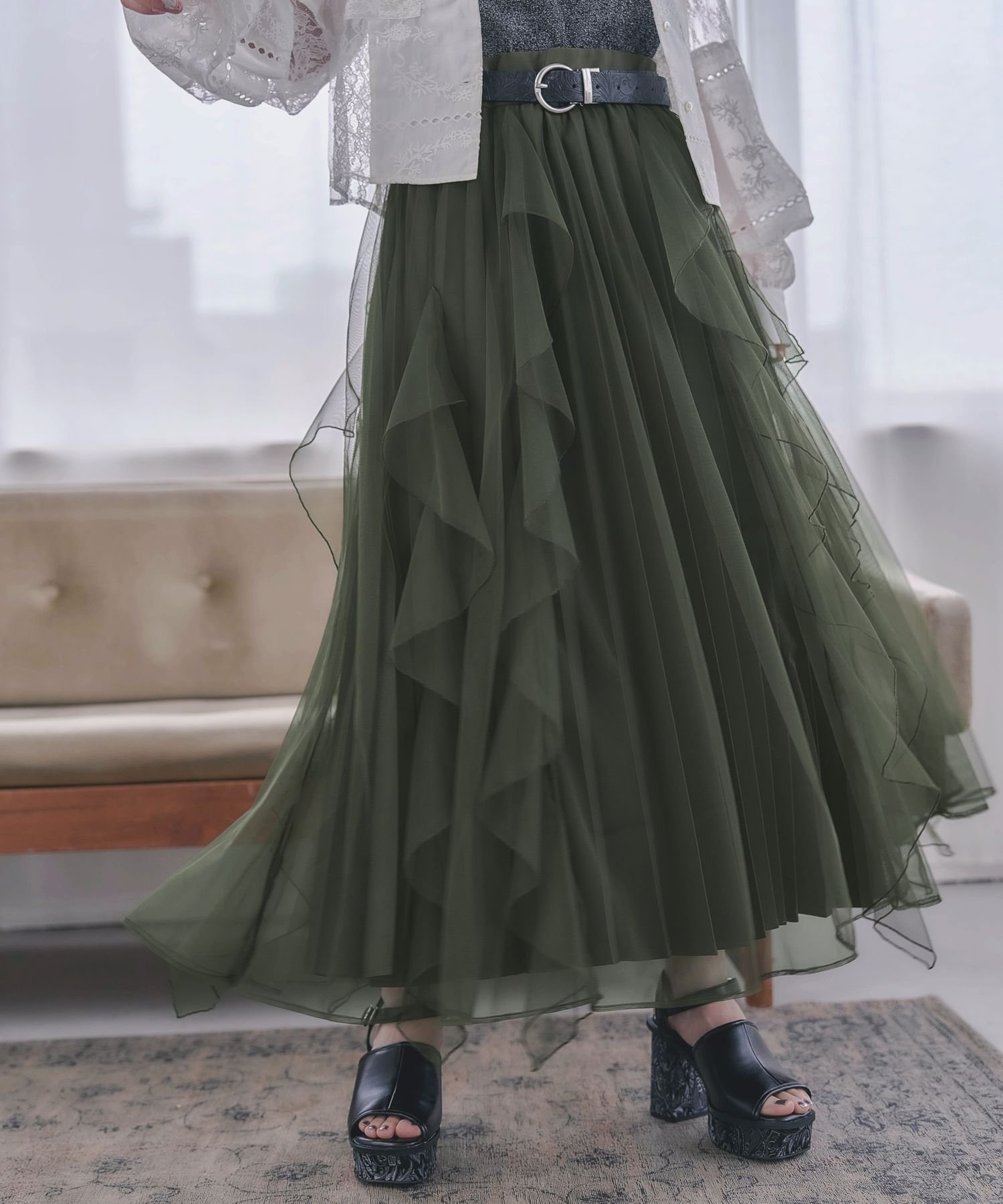 【ハレ/HARE】のシアーレイヤープリーツスカート インテリア・キッズ・メンズ・レディースファッション・服の通販 founy(ファニー) 　ファッション　Fashion　レディースファッション　Ladies' Fashion Online　スカート　Skirt　プリーツスカート　Pleated Skirts　おすすめ　Recommend　スウェット　Sweat　チュール　Tulle　ドッキング　Docking　フリル　Frills　フレア　Flare　プリーツ　Pleats　エレガント 上品　Elegant　カーキ73|ID: prp329100004530095 ipo3291000000032688517