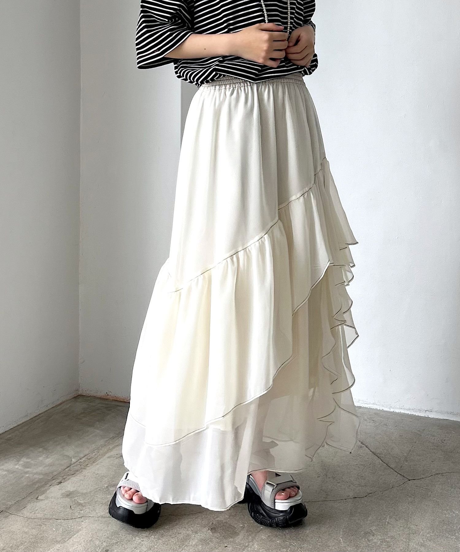 【ページボーイ/PAGEBOY】のステッチフリルスカート インテリア・キッズ・メンズ・レディースファッション・服の通販 founy(ファニー) 　ファッション　Fashion　レディースファッション　WOMEN　スカート　Skirt　アシンメトリー　Asymmetry　バランス　Balance　フリル　Frills　オフホワイト05|ID: prp329100004530123 ipo3291000000032365971