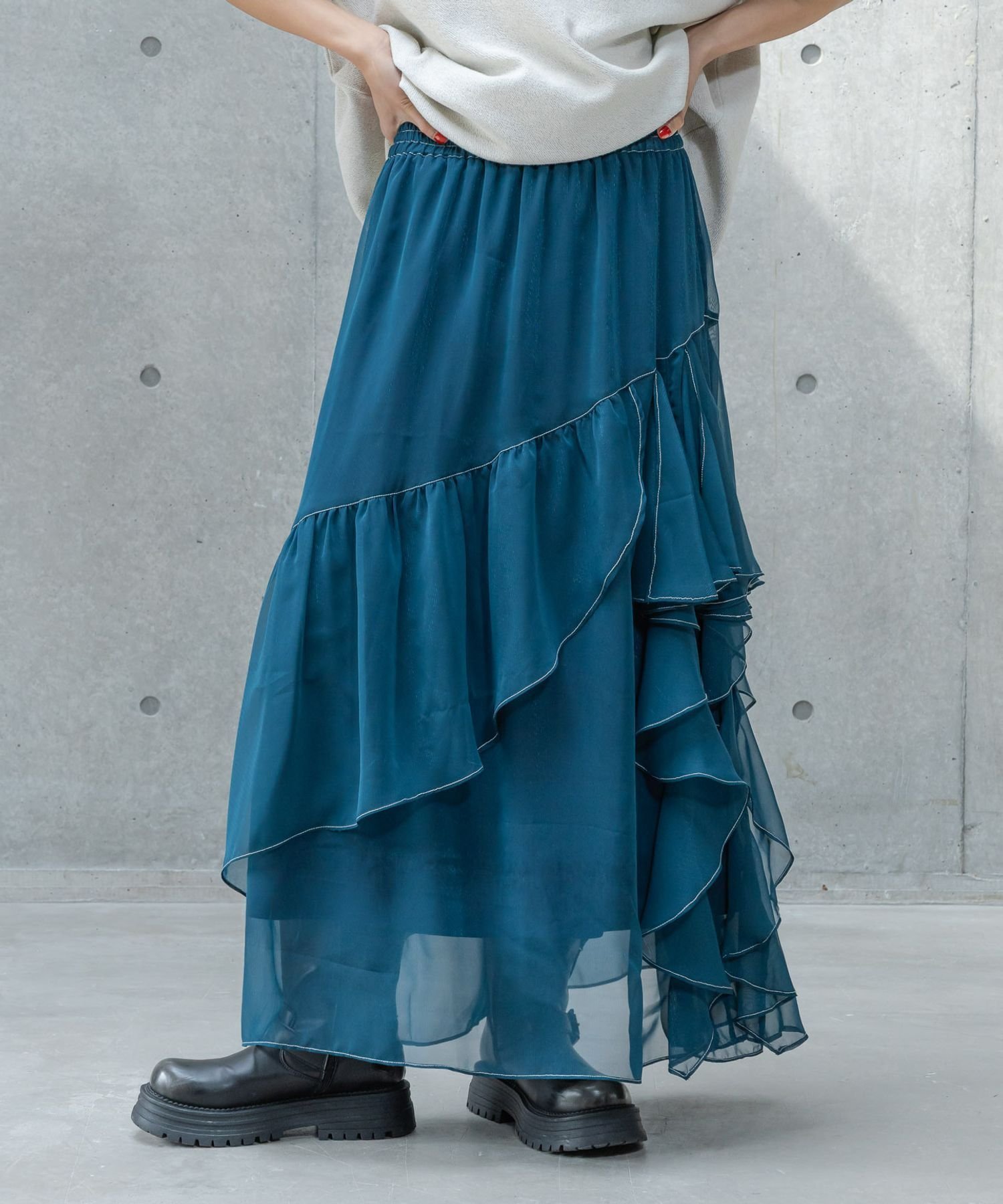 【ページボーイ/PAGEBOY】のステッチフリルスカート インテリア・キッズ・メンズ・レディースファッション・服の通販 founy(ファニー) 　ファッション　Fashion　レディースファッション　WOMEN　スカート　Skirt　アシンメトリー　Asymmetry　バランス　Balance　フリル　Frills　グリーン77|ID: prp329100004530123 ipo3291000000032365978