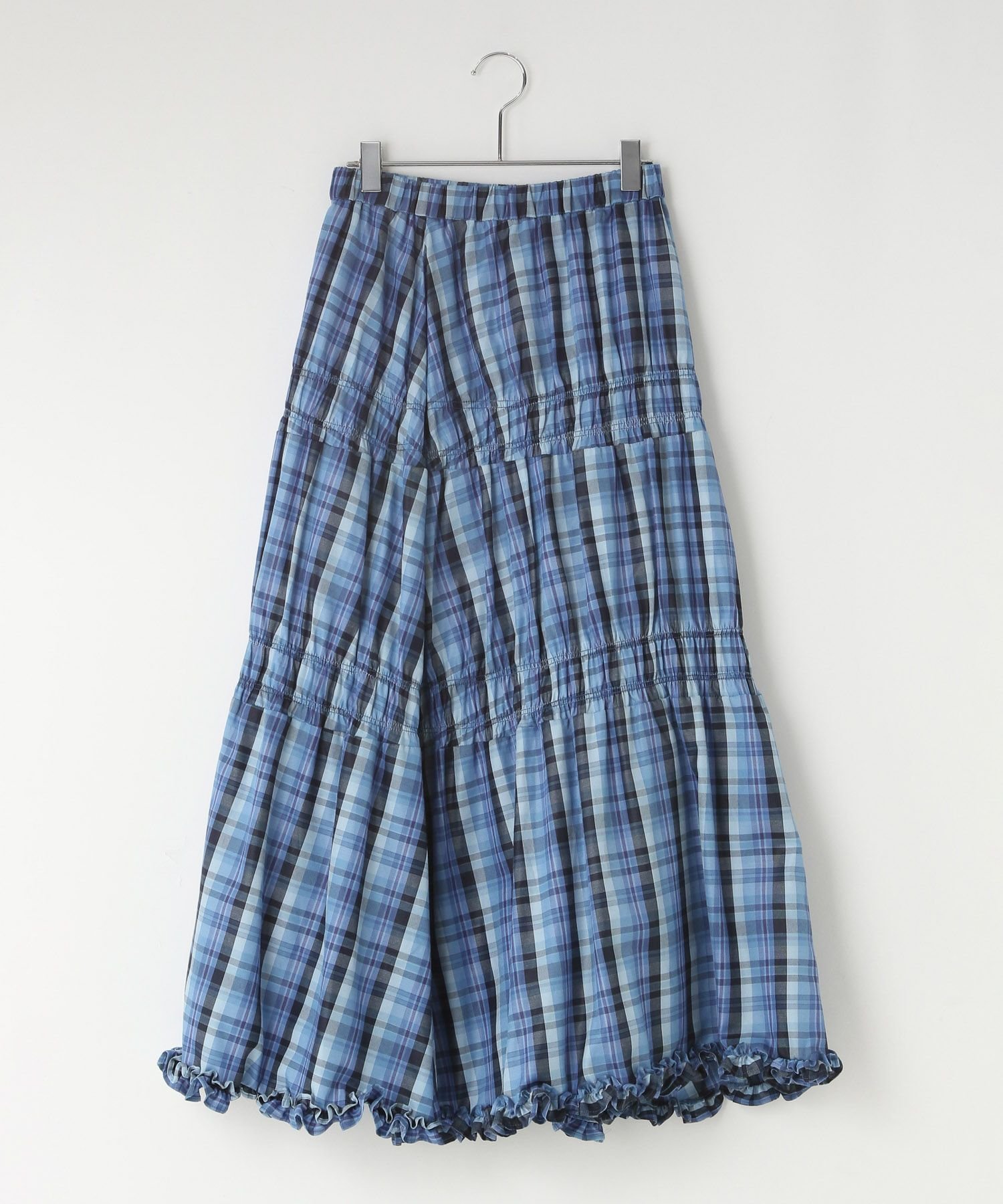 【ローリーズファーム/LOWRYS FARM】のシャーリングボリュームスカート インテリア・キッズ・メンズ・レディースファッション・服の通販 founy(ファニー) 　ファッション　Fashion　レディースファッション　Fashion for Women　スカート　Skirts　おすすめ　Recommended / Our Picks　ギャザー　Gathered, Ruffled　コンパクト　Compact, Small Size　シャーリング　Shirring, Ruched　シンプル　Simple, Minimal　チェック　Check, Plaid, Tartan　バランス　Balance, Style Balance　フリル　Frill, Ruffle　フレア　Flare, Flared　リラックス　Relax, Relaxed Fit　ヴィンテージ　Vintage Style　無地　Plain, Solid Color　ブルー|ID: prp329100004530217 ipo3291000000032604961