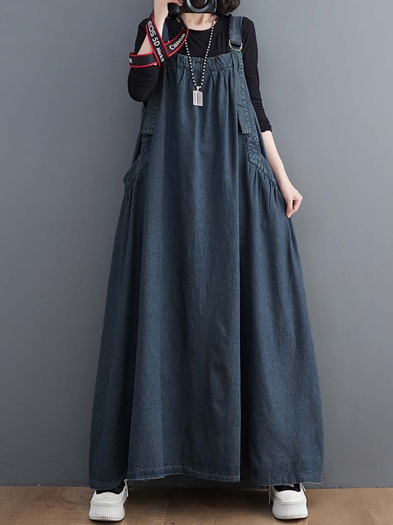 【ドゥーベル/Doux Belle】のジャンパースカート ジャンパーワンピース デニムワンピース インテリア・キッズ・メンズ・レディースファッション・服の通販 founy(ファニー) 　ファッション　Fashion　レディースファッション　WOMEN　スカート　Skirt　デニム　Denim　ポケット　Pocket　ラップ　Wrap　ロング　Long　ワンポイント　One Point　無地　Plain Color　ブルー|ID: prp329100004530323 ipo3291000000032028918