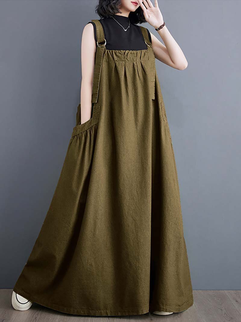 【ドゥーベル/Doux Belle】のジャンパースカート ジャンパーワンピース デニムワンピース インテリア・キッズ・メンズ・レディースファッション・服の通販 founy(ファニー) 　ファッション　Fashion　レディースファッション　WOMEN　スカート　Skirt　デニム　Denim　ポケット　Pocket　ラップ　Wrap　ロング　Long　ワンポイント　One Point　無地　Plain Color　カーキ|ID: prp329100004530323 ipo3291000000032028921