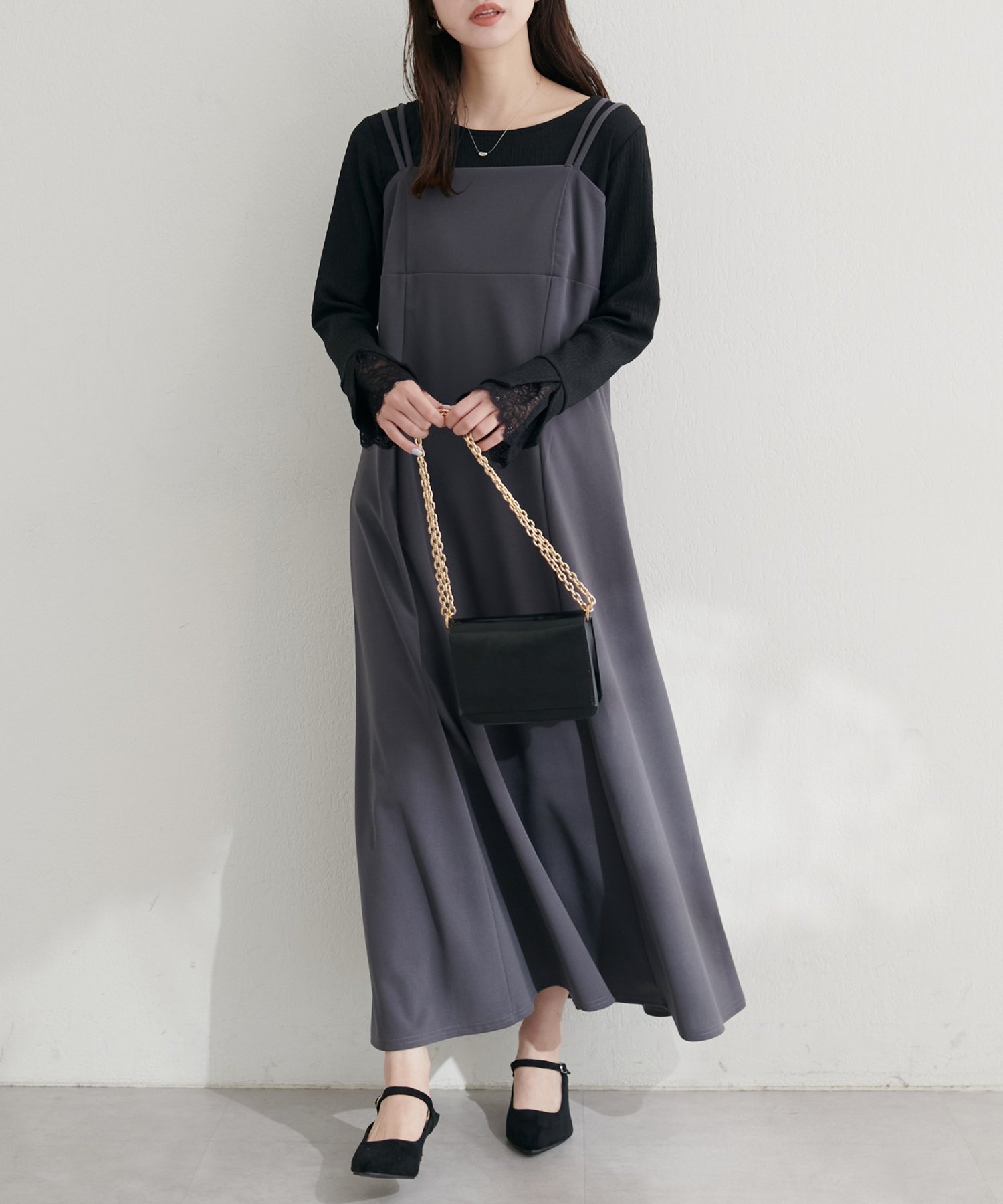 【ナチュラルクチュール/natural couture】のカットジョーゼットキャミワンピース インテリア・キッズ・メンズ・レディースファッション・服の通販 founy(ファニー) 　ファッション　Fashion　レディースファッション　Fashion for Women　ワンピース　Dresses　キャミソールワンピース　Camisole Dresses　カットソー　Cut and Sewn Top　キャミワンピース　Cami Dress, Slip Dress　シンプル　Simple, Minimal　スリット　Slit, Slit Detail　チェック　Check, Plaid, Tartan　ドット　Polka Dot, Dot Pattern　ハイネック　High Neck, Mock Neck　フレア　Flare, Flared　ベーシック　Basic, Essential　ポケット　Pocket, Pocket Detail　無地　Plain, Solid Color　リボン　Ribbon, Bow　A/W・秋冬　Autumn/Winter　2025年　2025　2025-2026秋冬・A/W　Autumn/Winter 2025–26 AW25–26　グレー|ID: prp329100004530467 ipo3291000000033634370