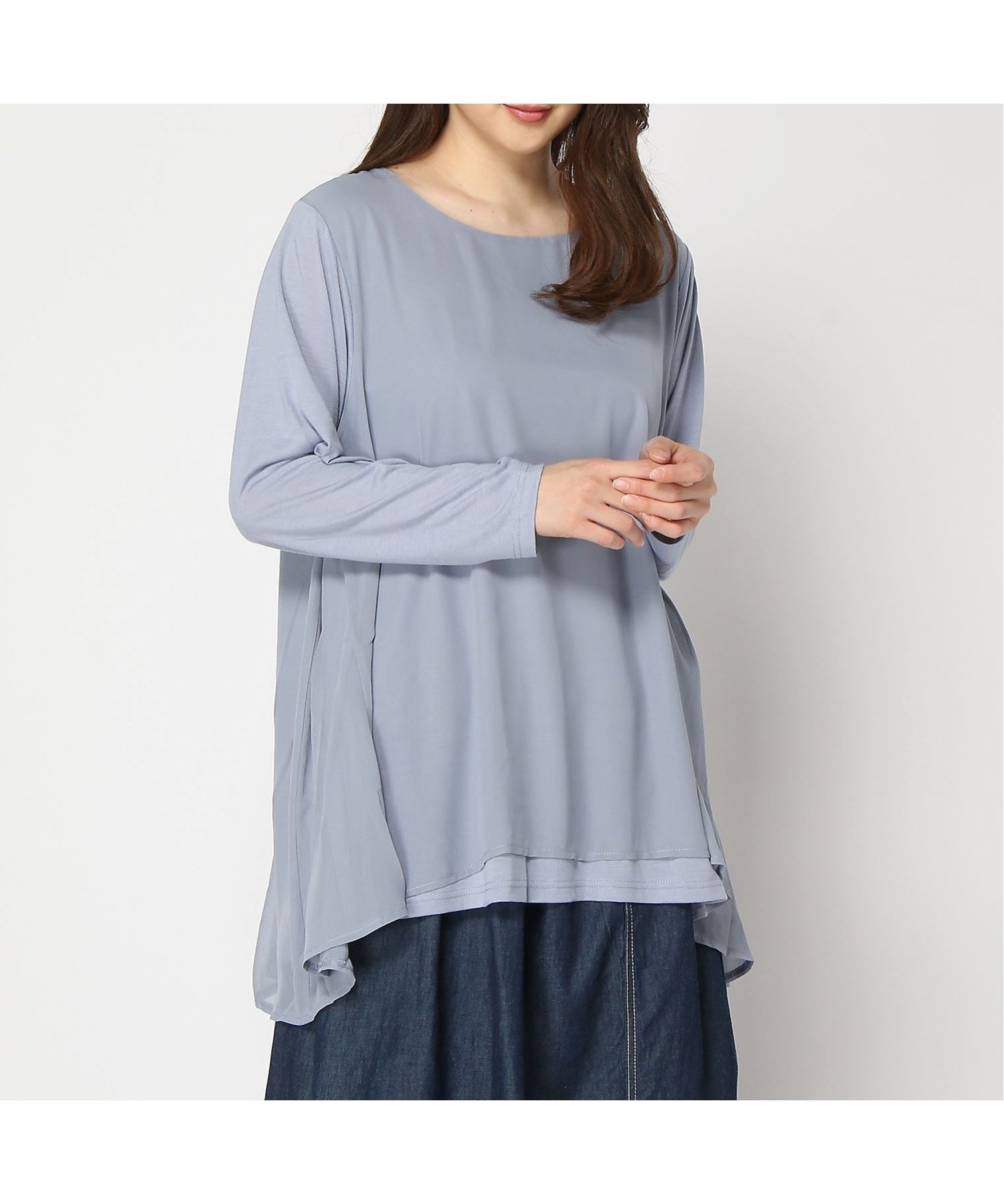 【ラナン/Ranan】の異素材切替フレアーチュニック インテリア・キッズ・メンズ・レディースファッション・服の通販 founy(ファニー) 　ファッション　Fashion　レディースファッション　WOMEN　トップス・カットソー　Tops/Tshirt　カットソー　Cut And Sew　シフォン　Chiffon　チュニック　Tunic　フレア　Flare　リラックス　Relax　ロング　Long　切替　Switching　夏　Summer　ダスティブルー|ID: prp329100004530707 ipo3291000000032030533