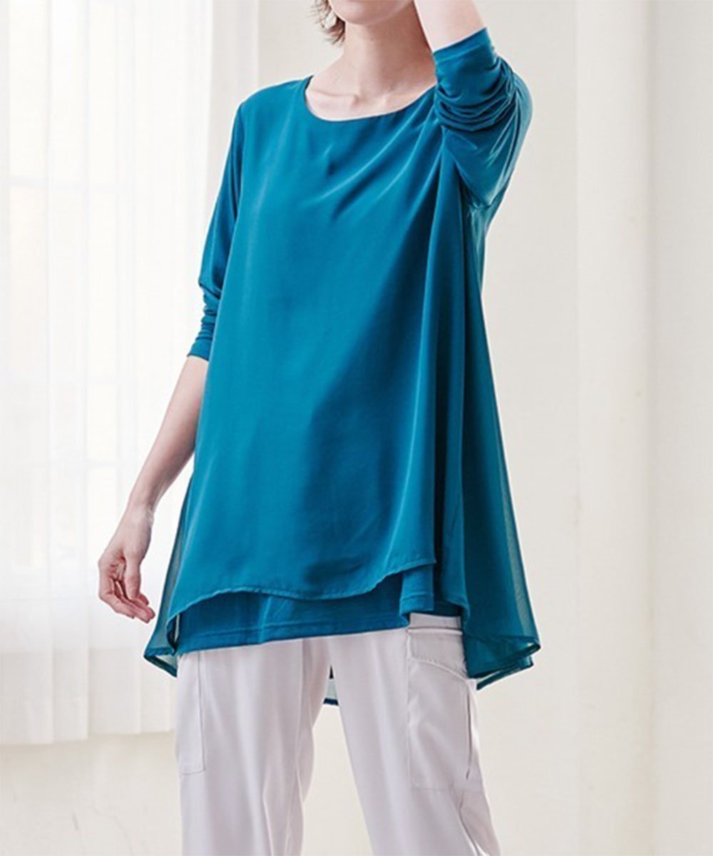 【ラナン/Ranan】の異素材切替フレアーチュニック インテリア・キッズ・メンズ・レディースファッション・服の通販 founy(ファニー) 　ファッション　Fashion　レディースファッション　WOMEN　トップス・カットソー　Tops/Tshirt　カットソー　Cut And Sew　シフォン　Chiffon　チュニック　Tunic　フレア　Flare　リラックス　Relax　ロング　Long　切替　Switching　夏　Summer　ターコイズ|ID: prp329100004530707 ipo3291000000032030535