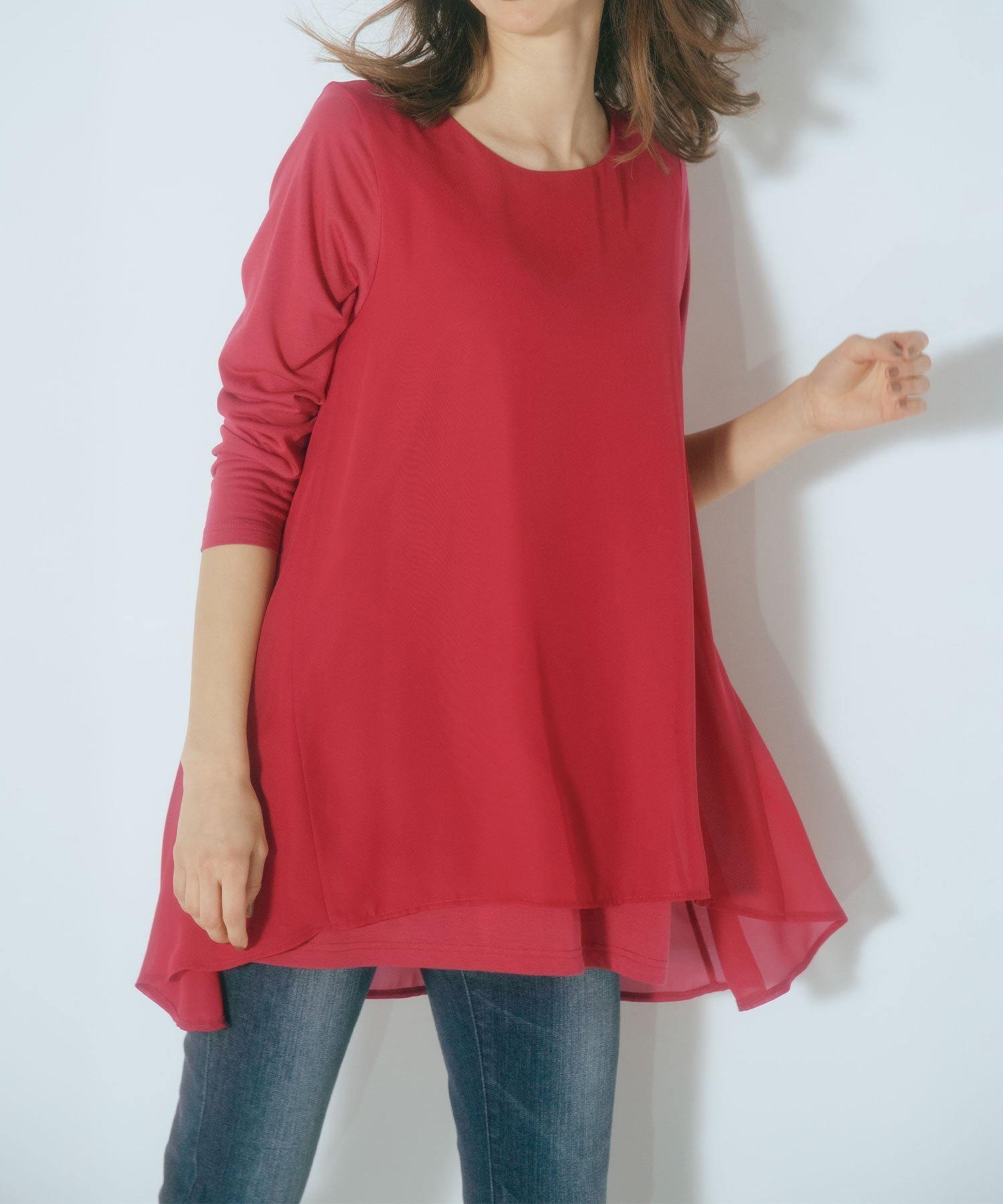 【ラナン/Ranan】の異素材切替フレアーチュニック インテリア・キッズ・メンズ・レディースファッション・服の通販 founy(ファニー) 　ファッション　Fashion　レディースファッション　WOMEN　トップス・カットソー　Tops/Tshirt　カットソー　Cut And Sew　シフォン　Chiffon　チュニック　Tunic　フレア　Flare　リラックス　Relax　ロング　Long　切替　Switching　夏　Summer　レッド|ID: prp329100004530707 ipo3291000000032030538