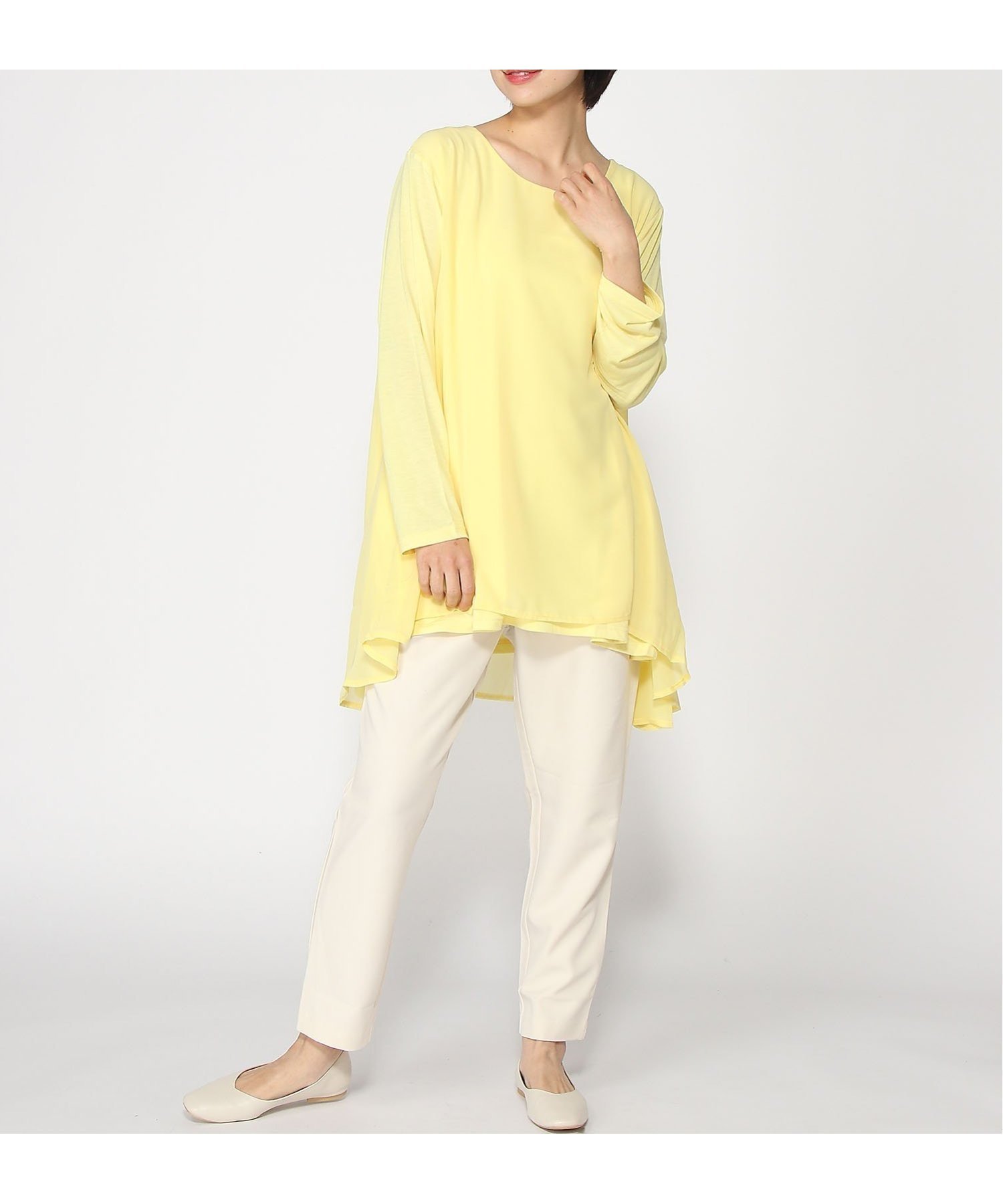 【ラナン/Ranan】の異素材切替フレアーチュニック インテリア・キッズ・メンズ・レディースファッション・服の通販 founy(ファニー) 　ファッション　Fashion　レディースファッション　WOMEN　トップス・カットソー　Tops/Tshirt　カットソー　Cut And Sew　シフォン　Chiffon　チュニック　Tunic　フレア　Flare　リラックス　Relax　ロング　Long　切替　Switching　夏　Summer　イエロー|ID: prp329100004530707 ipo3291000000032030540