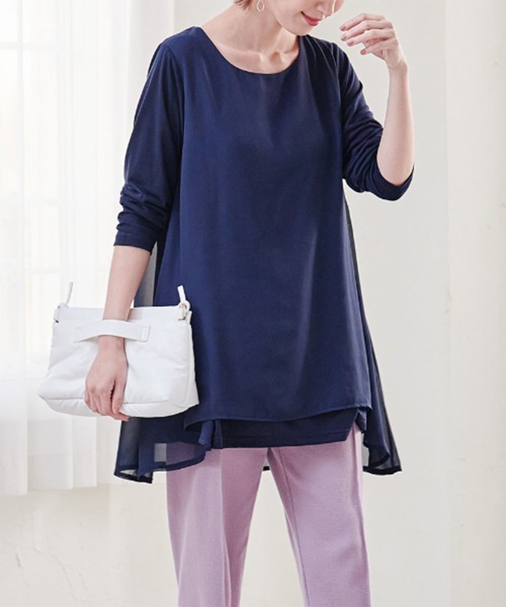 【ラナン/Ranan】の異素材切替フレアーチュニック インテリア・キッズ・メンズ・レディースファッション・服の通販 founy(ファニー) 　ファッション　Fashion　レディースファッション　WOMEN　トップス・カットソー　Tops/Tshirt　カットソー　Cut And Sew　シフォン　Chiffon　チュニック　Tunic　フレア　Flare　リラックス　Relax　ロング　Long　切替　Switching　夏　Summer　ネイビー|ID: prp329100004530707 ipo3291000000032030542