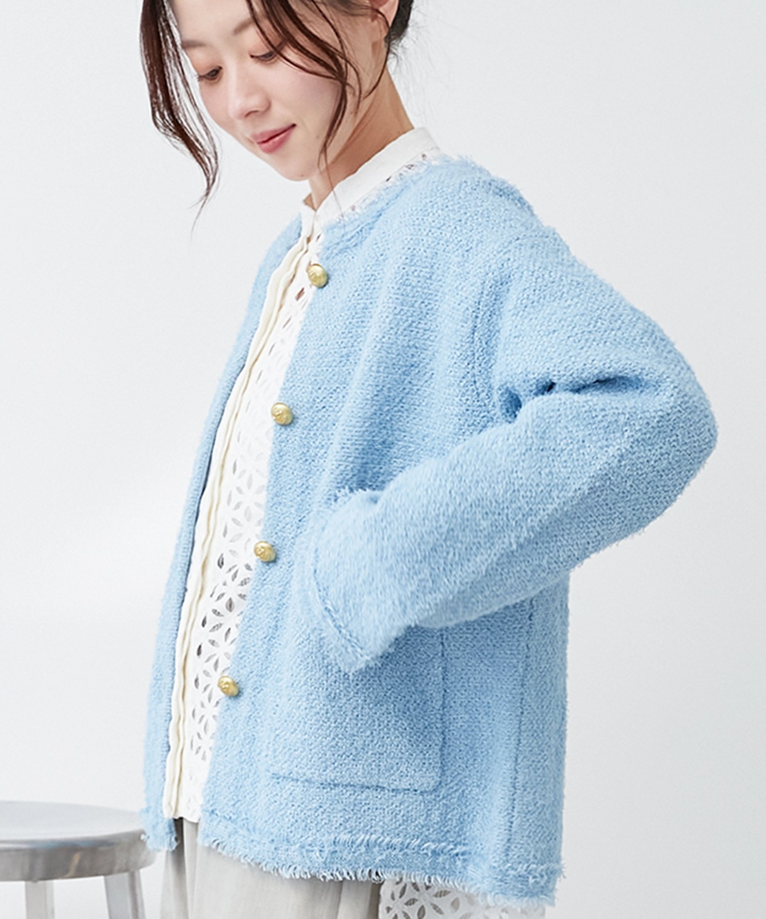 【ルクールブラン/le.coeur blanc】のドライタッチシャギーニットジャケット インテリア・キッズ・メンズ・レディースファッション・服の通販 founy(ファニー) 　ファッション　Fashion　レディースファッション　WOMEN　アウター　Coat Outerwear　ジャケット　Jackets　ウェーブ　Wave　春　Spring　クラシカル　Classical　コンパクト　Compact　ジャケット　Jacket　デニム　Denim　トレンド　Trend　定番　Standard　ボーダー　Border　おすすめ　Recommend　サックス|ID: prp329100004530710 ipo3291000000032426971